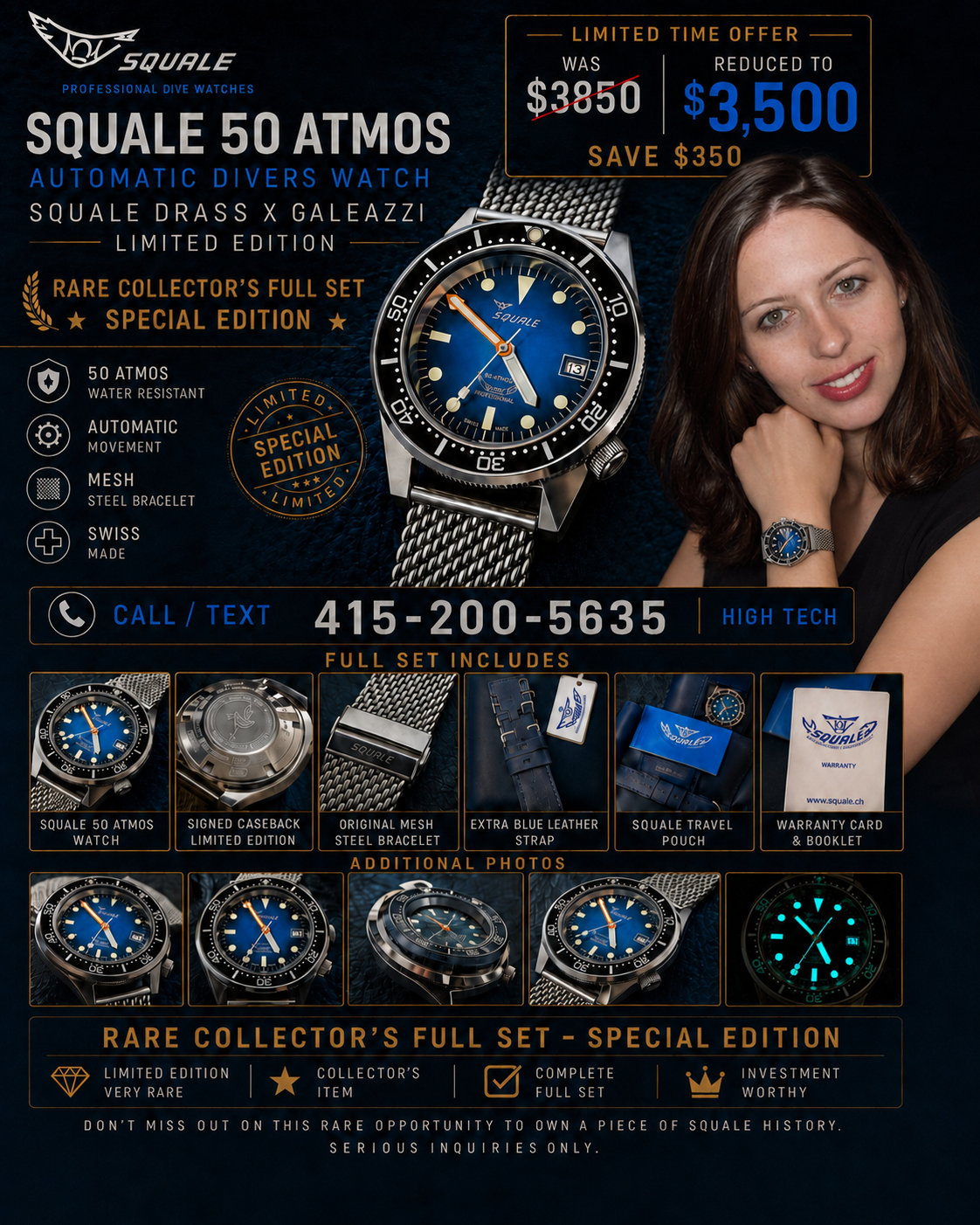 #539 SQUALE × DRASS GALEAZZI 50 ATMOS LIMITED EDITION — SWISS AUTOMATIC 500M DIVER — FULL COLLECTOR SET