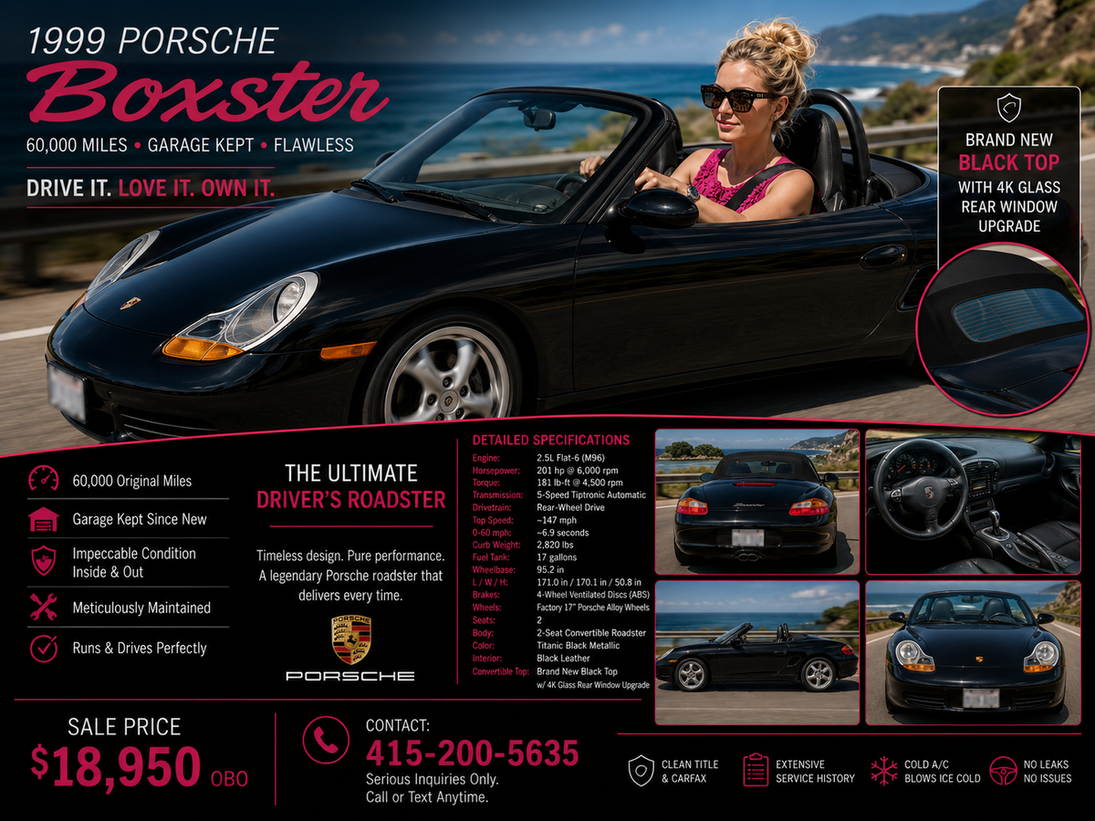 1999 Porsche Boxster 986 – Solid Black on Black – 60,000 Original Miles – Garage Kept – Exceptional Condition