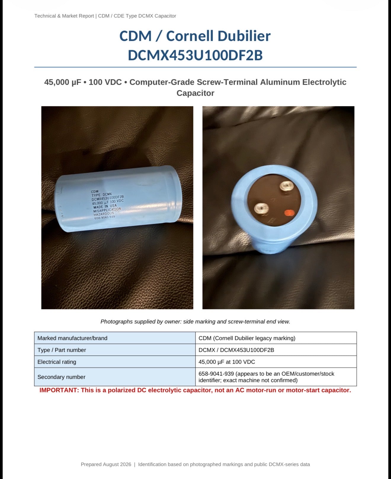 Cornell Dubilier DCMX453U100DF2B 45,000µF 100VDC Industrial Electrolytic Capacitor