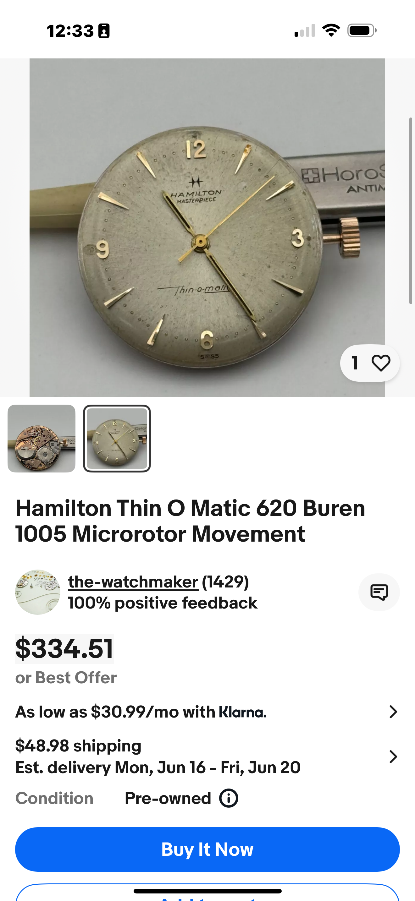 M#471 Hamilton Thin O Matic 620 Buren 1005 Microrotor Movement