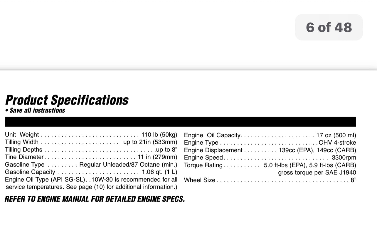 Powermate 5.0 FT-LBS orange Tiller FRONT TINE TILLER Model # PFTT142 PFTT142.1