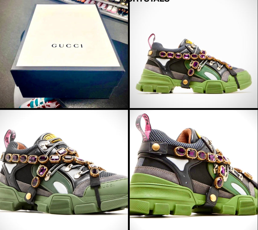 NEW GUCCI Flashtrek Black Green Removable Crystals Men’s Sneakers US Size 7.5 EU 41.5