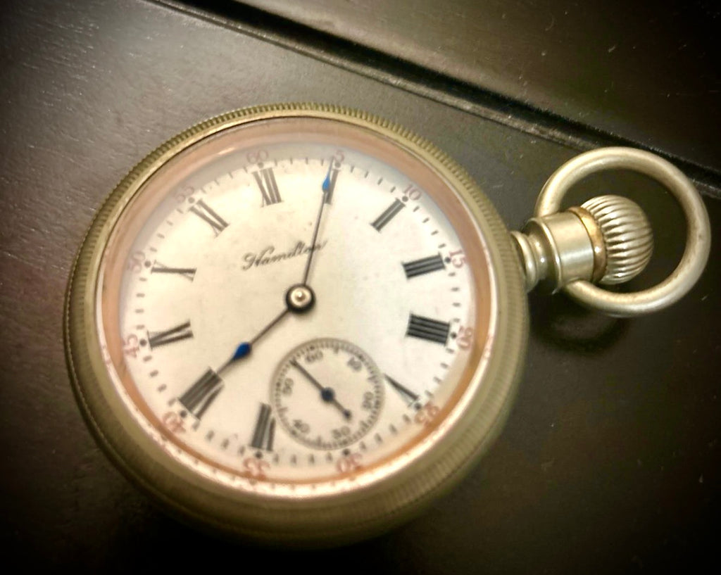 R#1417 Antique 1908 Hamilton pocket watch, adjusted movement rail road accuracy grade 974 serial number 660062 Nickel Silver Lancaster Pensilvania case no 0338048