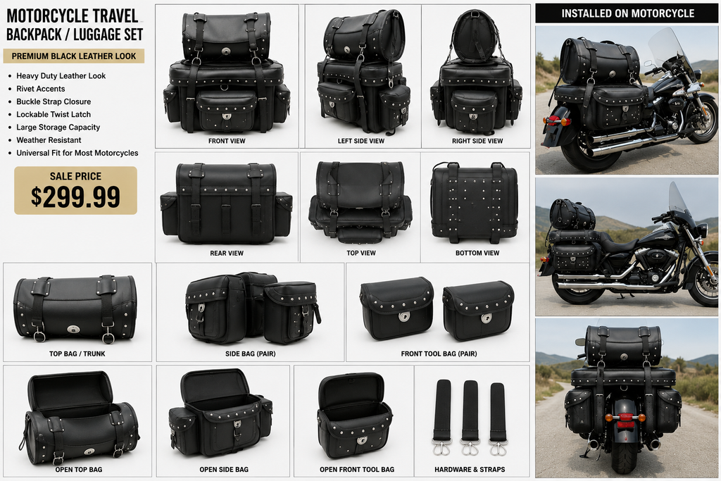 Premium 4-Piece Motorcycle Touring Luggage Set – Black Leather Look
