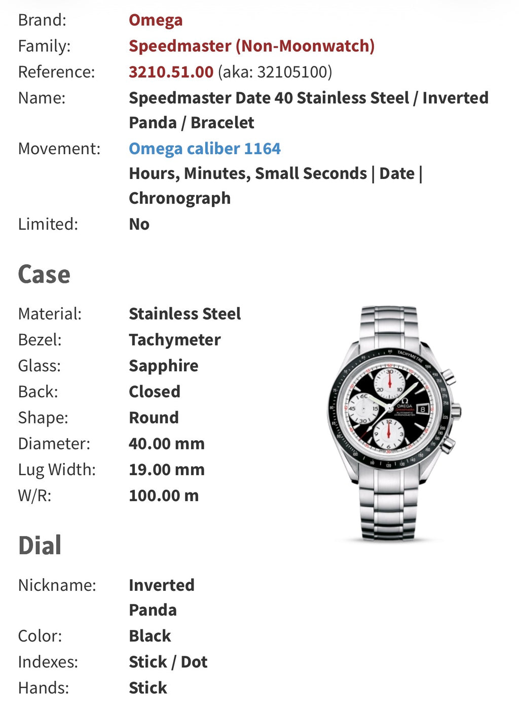 #1011 Omega Speedmaster Date 3210.51.00 Automatic Chronometer Reverse Panda Black Dial 40mm Swiss Watch