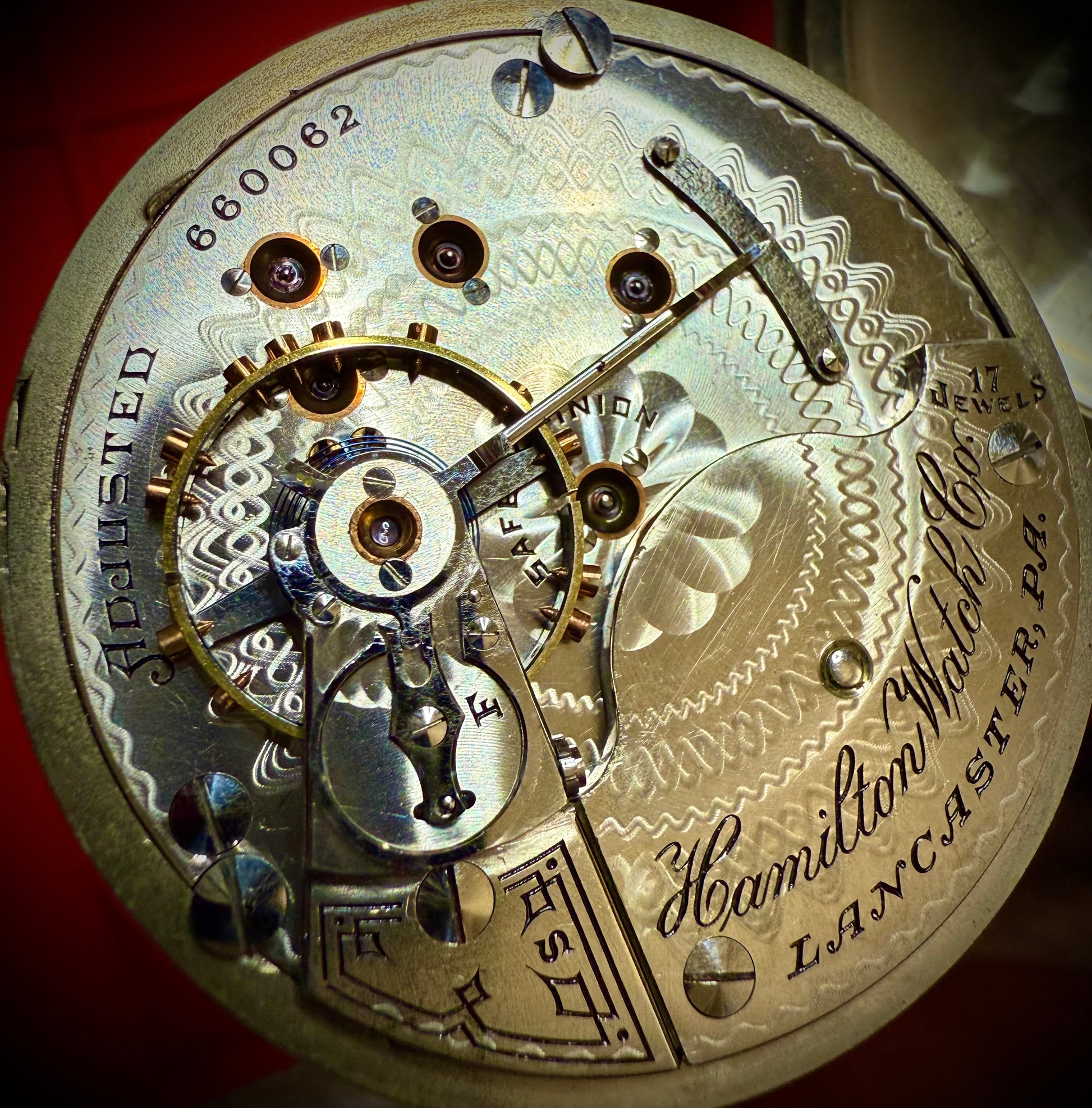 R#1417 Antique 1908 Hamilton pocket watch, adjusted movement rail road accuracy grade 974 serial number 660062 Nickel Silver Lancaster Pensilvania case no 0338048