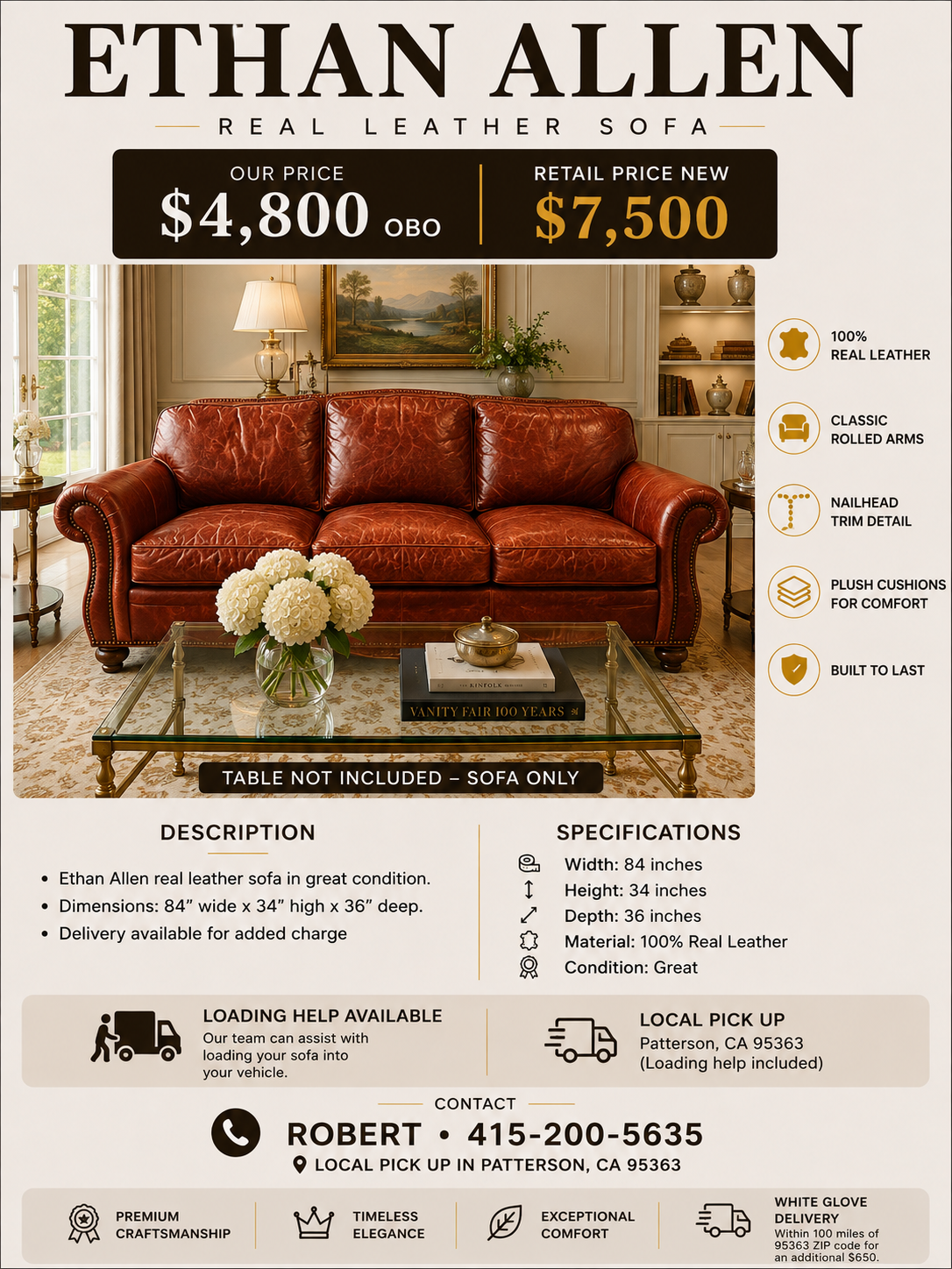 Ethan Allen Genuine Leather Sofa – Premium Full-Size 3-Seat | Excellent Condition
