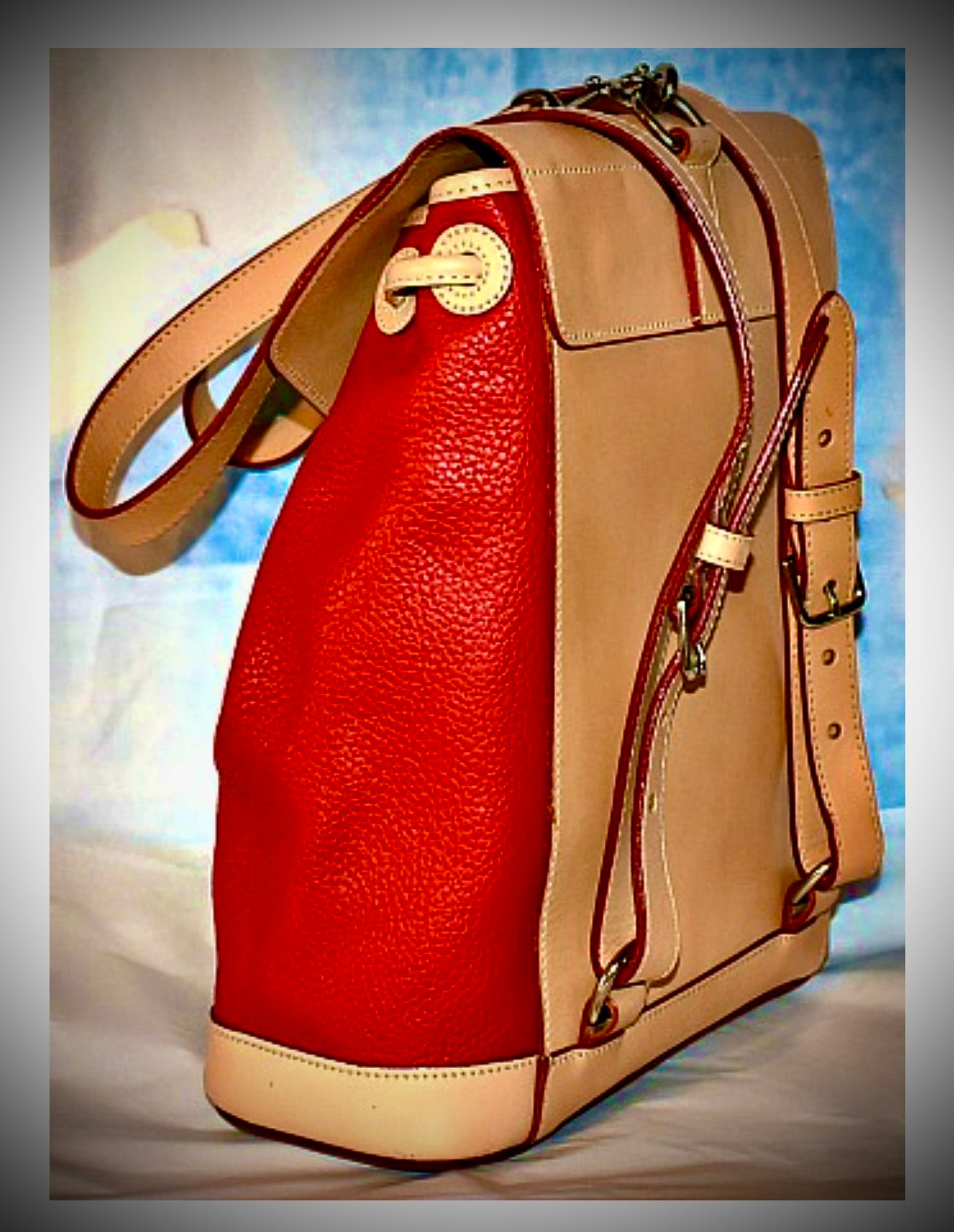 Candy Apple Red All Weather Leather Dooney Backpack Red and Beige beautiful Two tone Made in USA