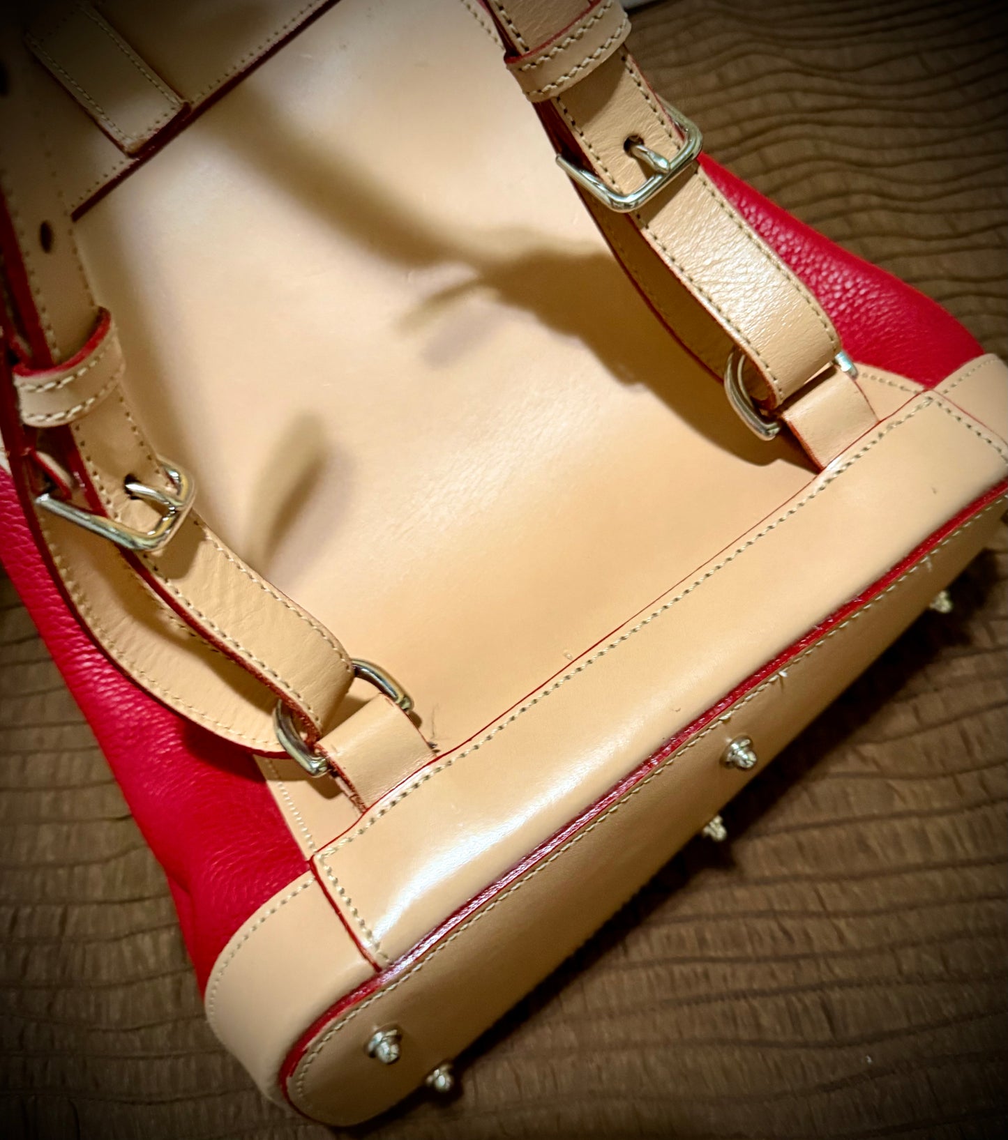 Candy Apple Red All Weather Leather Dooney Backpack Red and Beige beautiful Two tone Made in USA