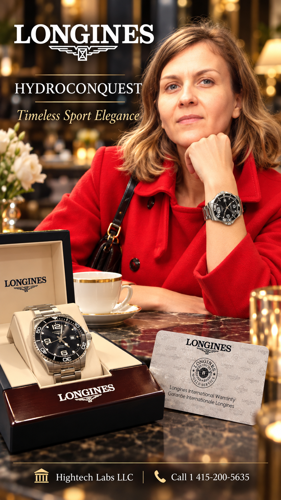 Longines HydroConquest 43mm Automatic — Black Dial, Ceramic Bezel & Stainless Steel Bracelet — Brand New Inventory # 731