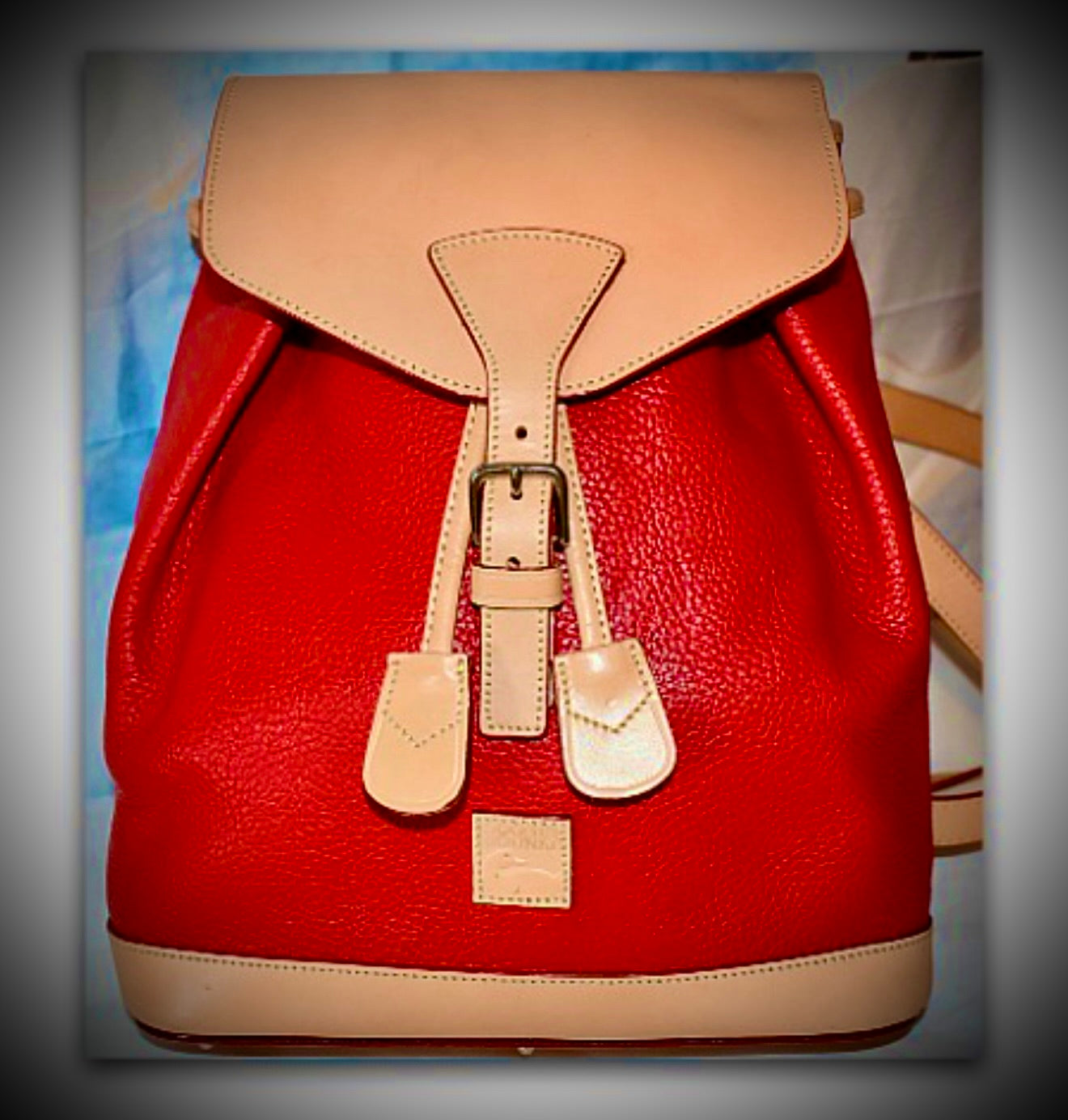 Candy Apple Red All Weather Leather Dooney Backpack Red and Beige beautiful Two tone Made in USA