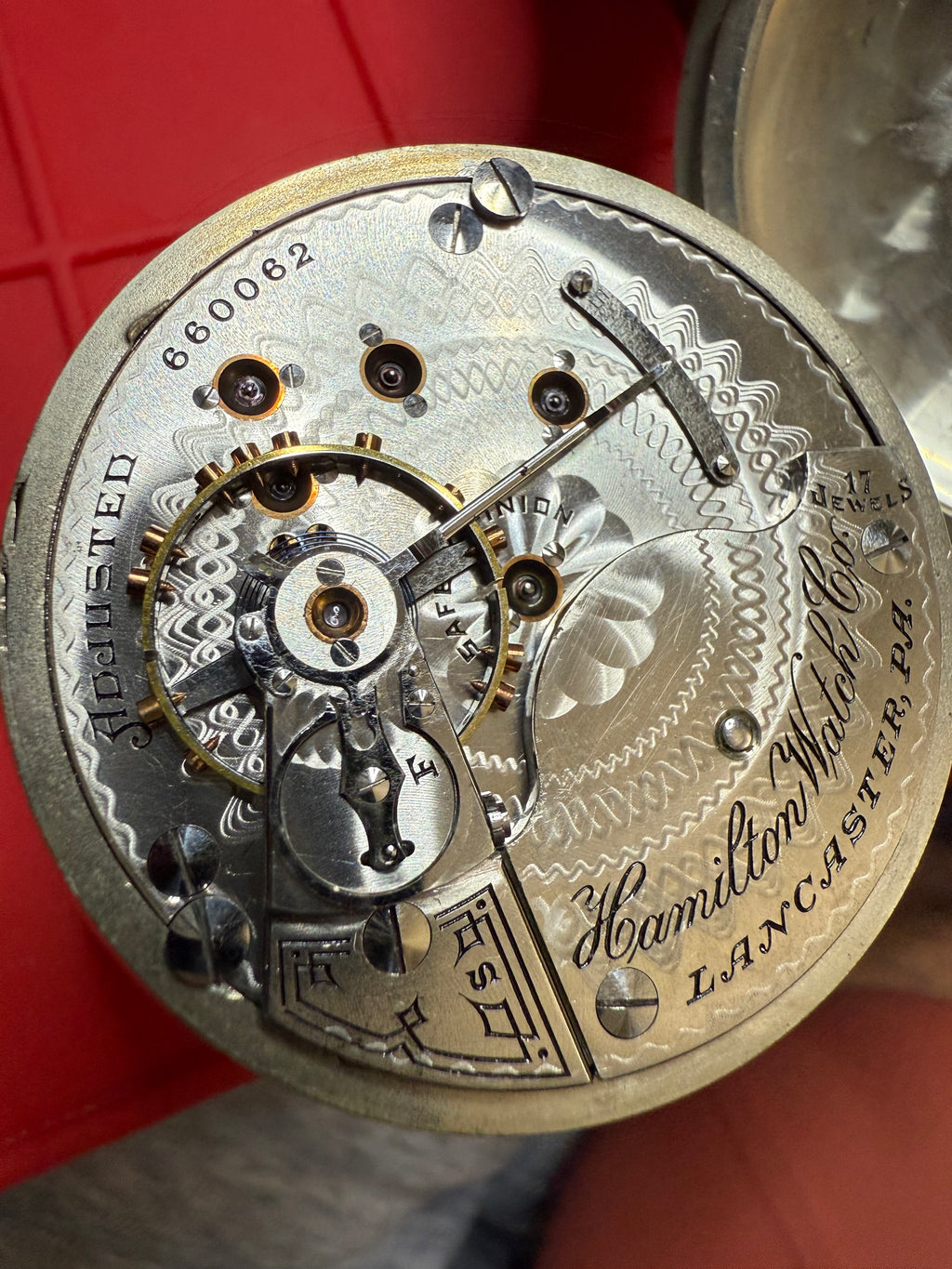 R#1417 Antique 1908 Hamilton pocket watch, adjusted movement rail road accuracy grade 974 serial number 660062 Nickel Silver Lancaster Pensilvania case no 0338048