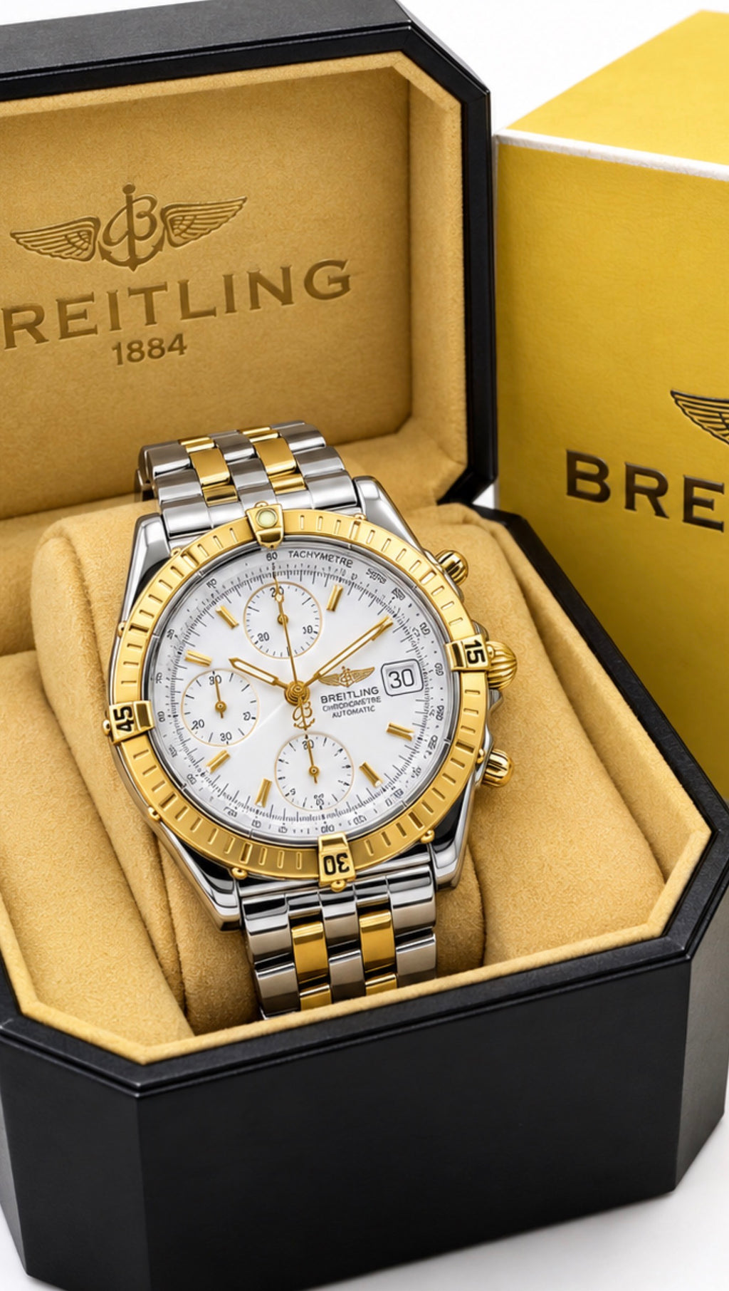 #728 Breitling Chronomat B13352 Automatic Chronograph – 18K Gold Bezel & Two-Tone Pilot Bracelet – Box Included