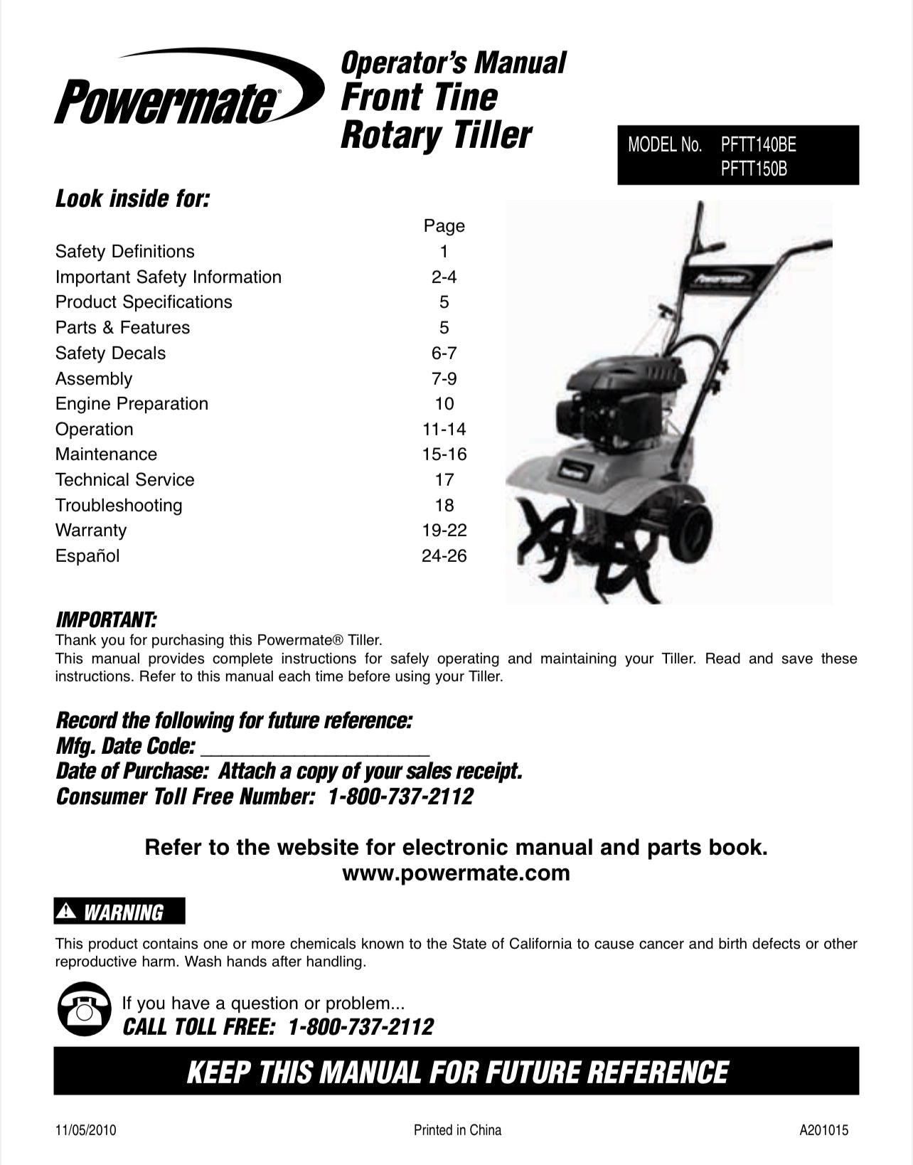 Powermate 5.0 FT-LBS orange Tiller FRONT TINE TILLER Model # PFTT142 PFTT142.1