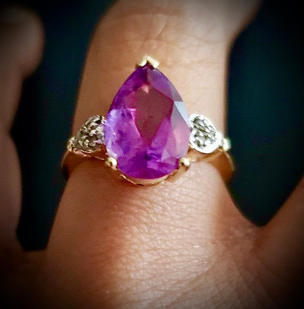 10k solid Genuine Amethyst/ Diamonds ring