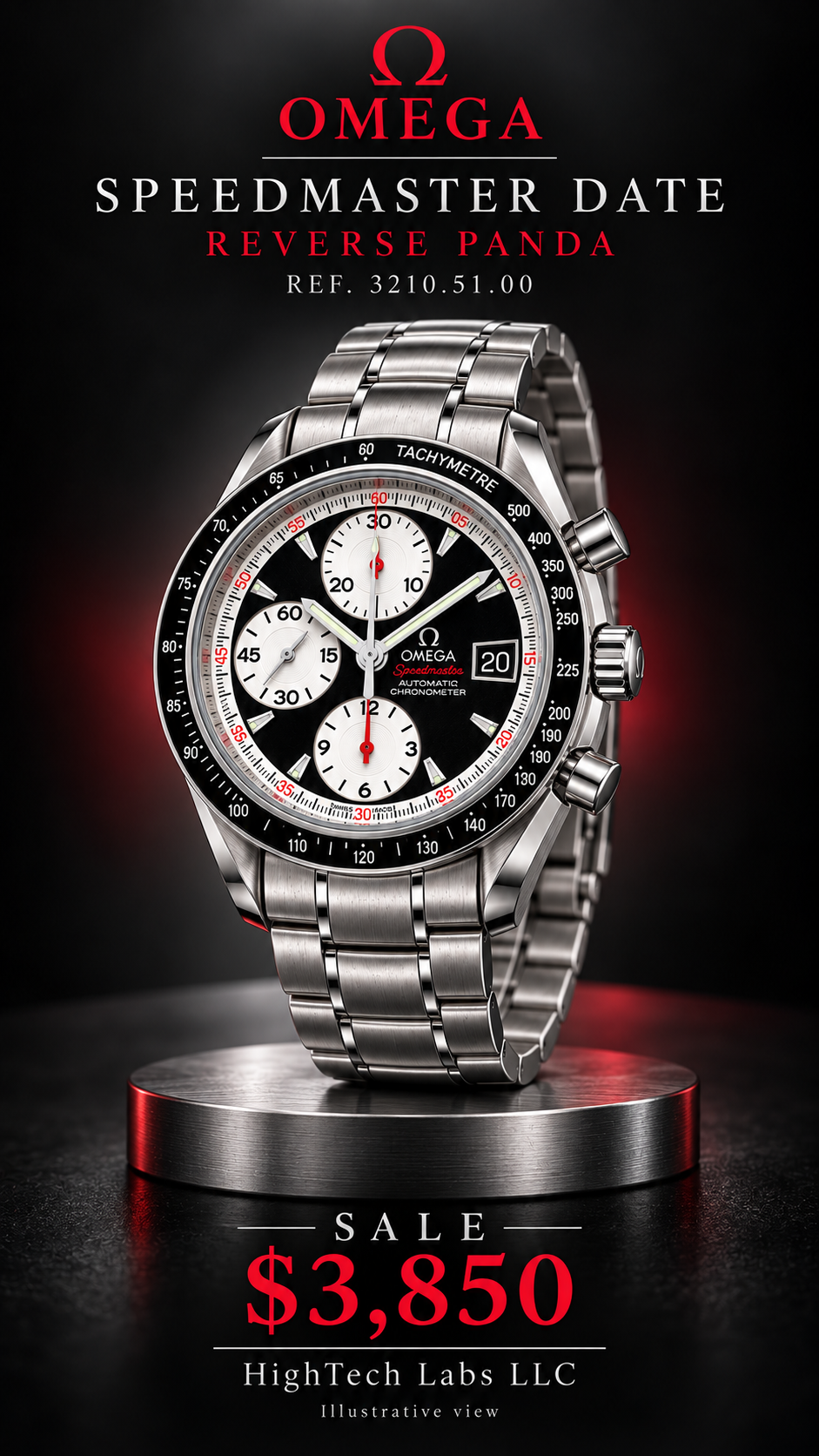 #1011 Omega Speedmaster Date 3210.51.00 Automatic Chronometer Reverse Panda Black Dial 40mm Swiss Watch
