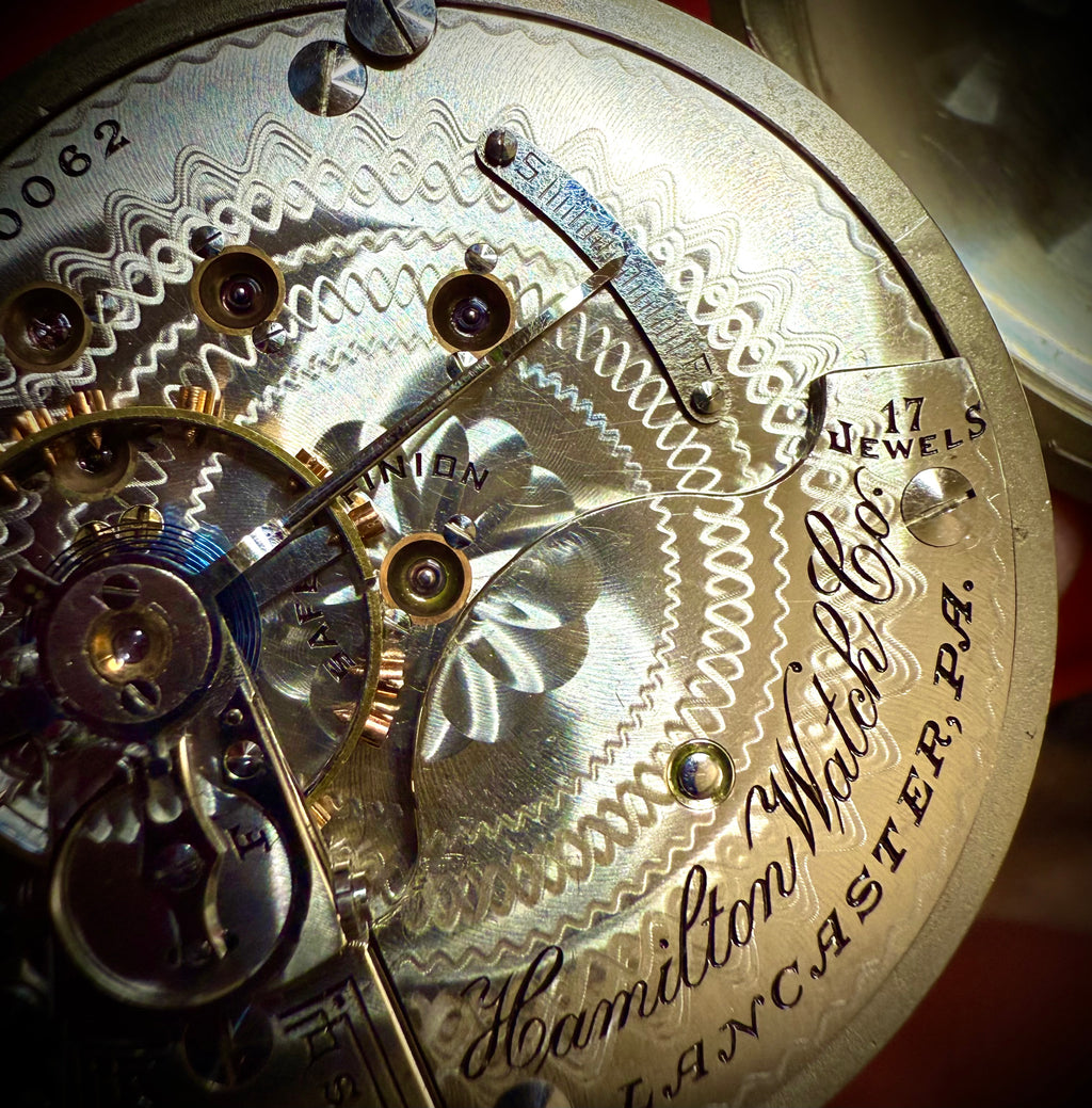 R#1417 Antique 1908 Hamilton pocket watch, adjusted movement rail road accuracy grade 974 serial number 660062 Nickel Silver Lancaster Pensilvania case no 0338048
