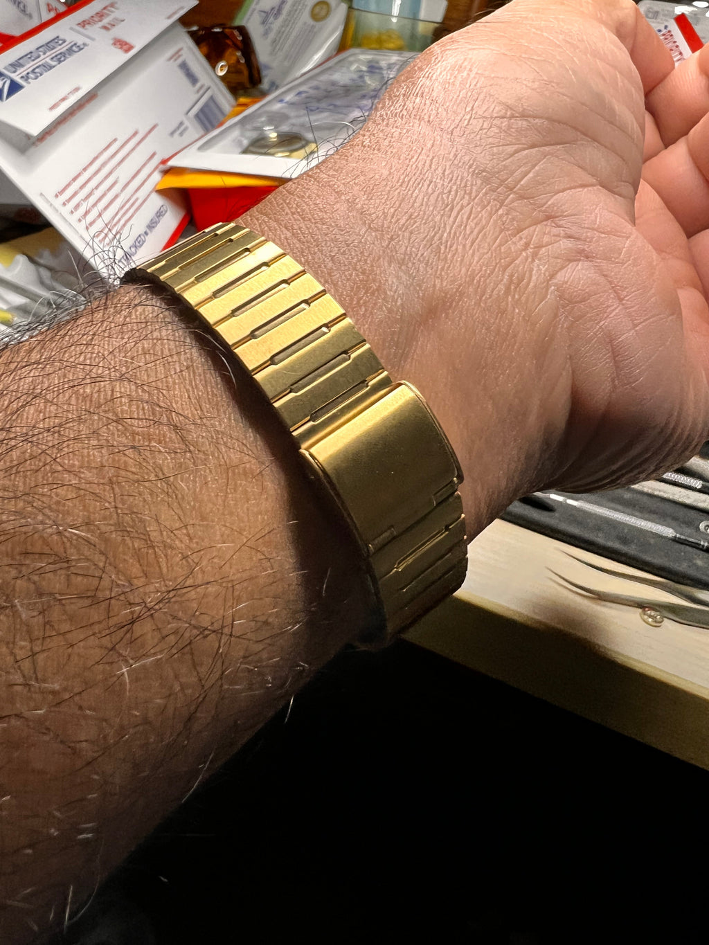 #1031 Vintage Caravelle by Bulova Watch. Water resistant. Stainless steel back works great day date quartz keeping accurate time