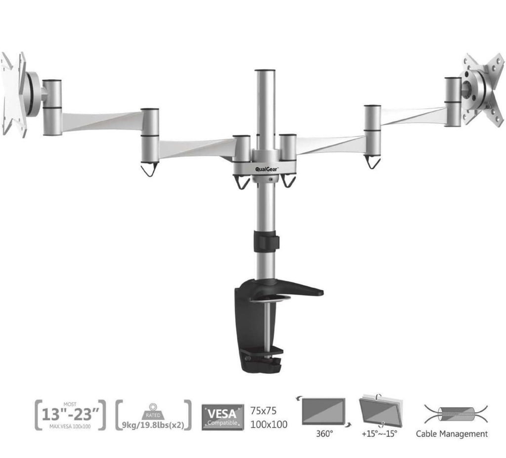 QualGear Qg-Dm-02-016 3 Way Articulating Dual Desk Mount for 13-27 Inches Flatpanel Monitors, Silver