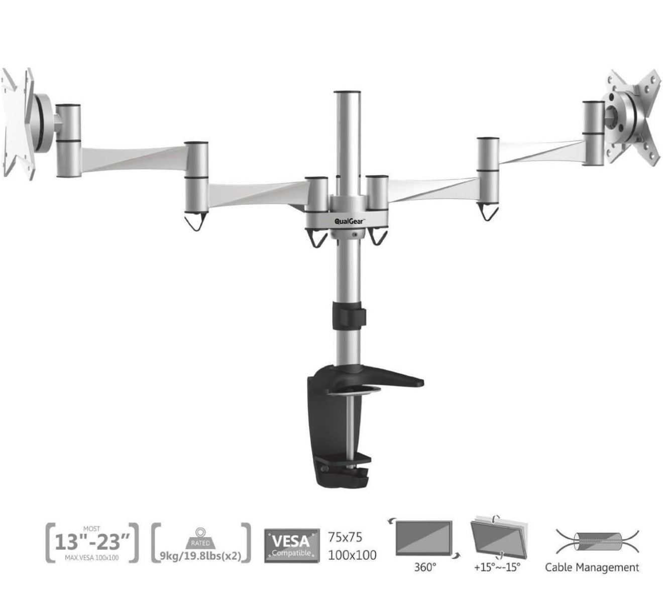 QualGear Qg-Dm-02-016 3 Way Articulating Dual Desk Mount for 13-27 Inches Flatpanel Monitors, Silver