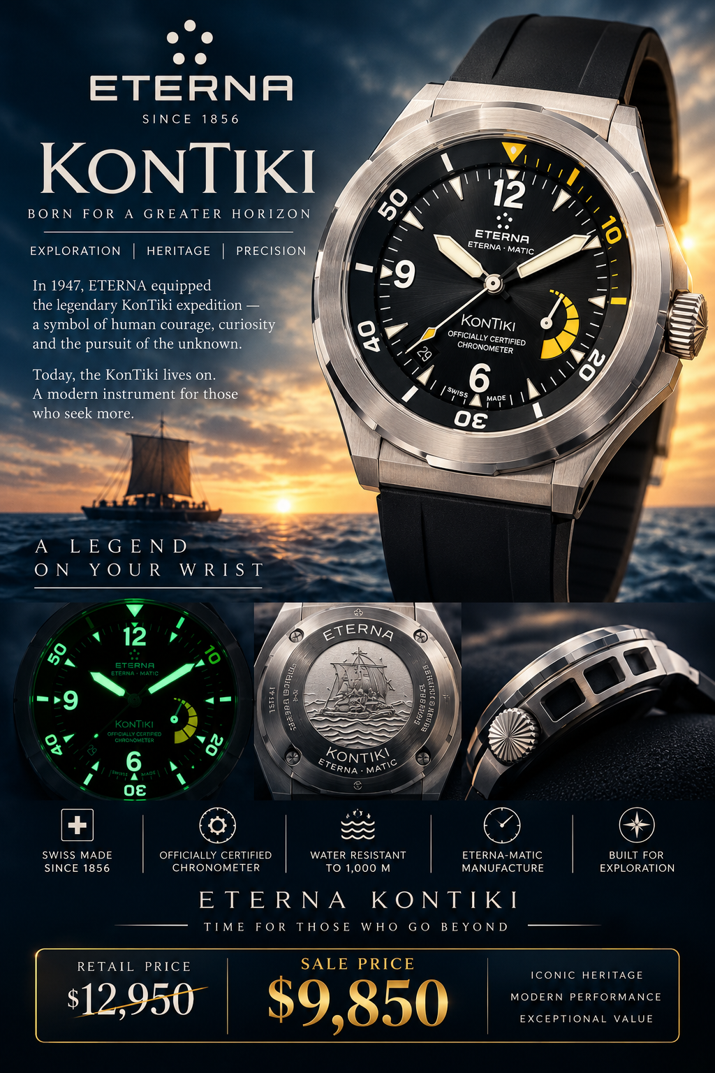 #620 ETERNA KONTIKI DIVER 1000M AUTOMATIC CHRONOMETER RARE

Reference 1594.44.40.1154 | Swiss Made