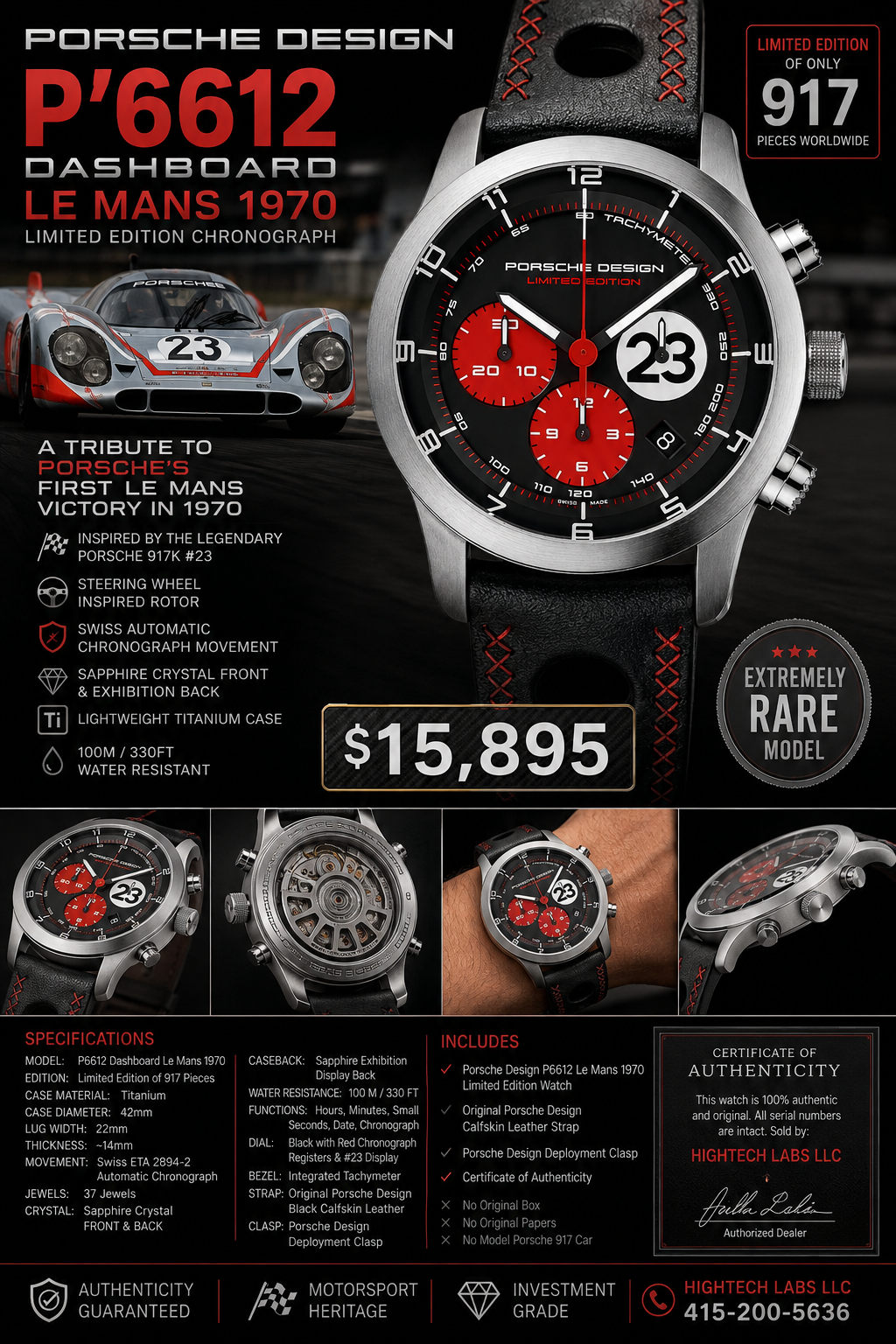 #616 Porsche Design P6612 Dashboard Chronograph Limited Edition Titanium Swiss Automatic case 42mm Lugs 22mmHighly Collectable Titanium watch car 23 winner of 1970 Lemont