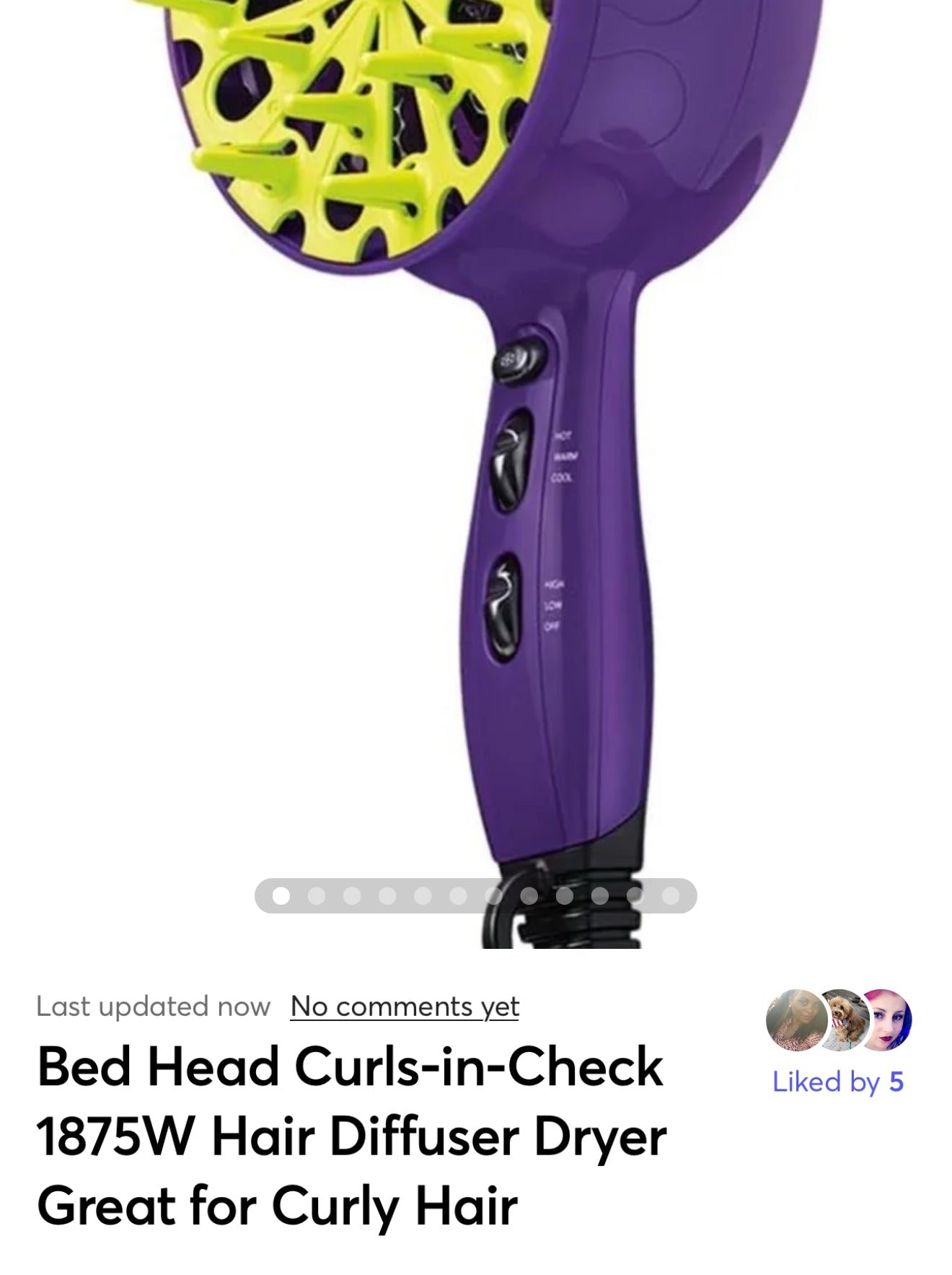 Bed Head Curls-in-Check 1875W Hair Diffuser Dryer Great for Curly Hair, Reduce Frizz & Static Diffuser Hair Dryer Enhances Natural Curl, Waves & Texture