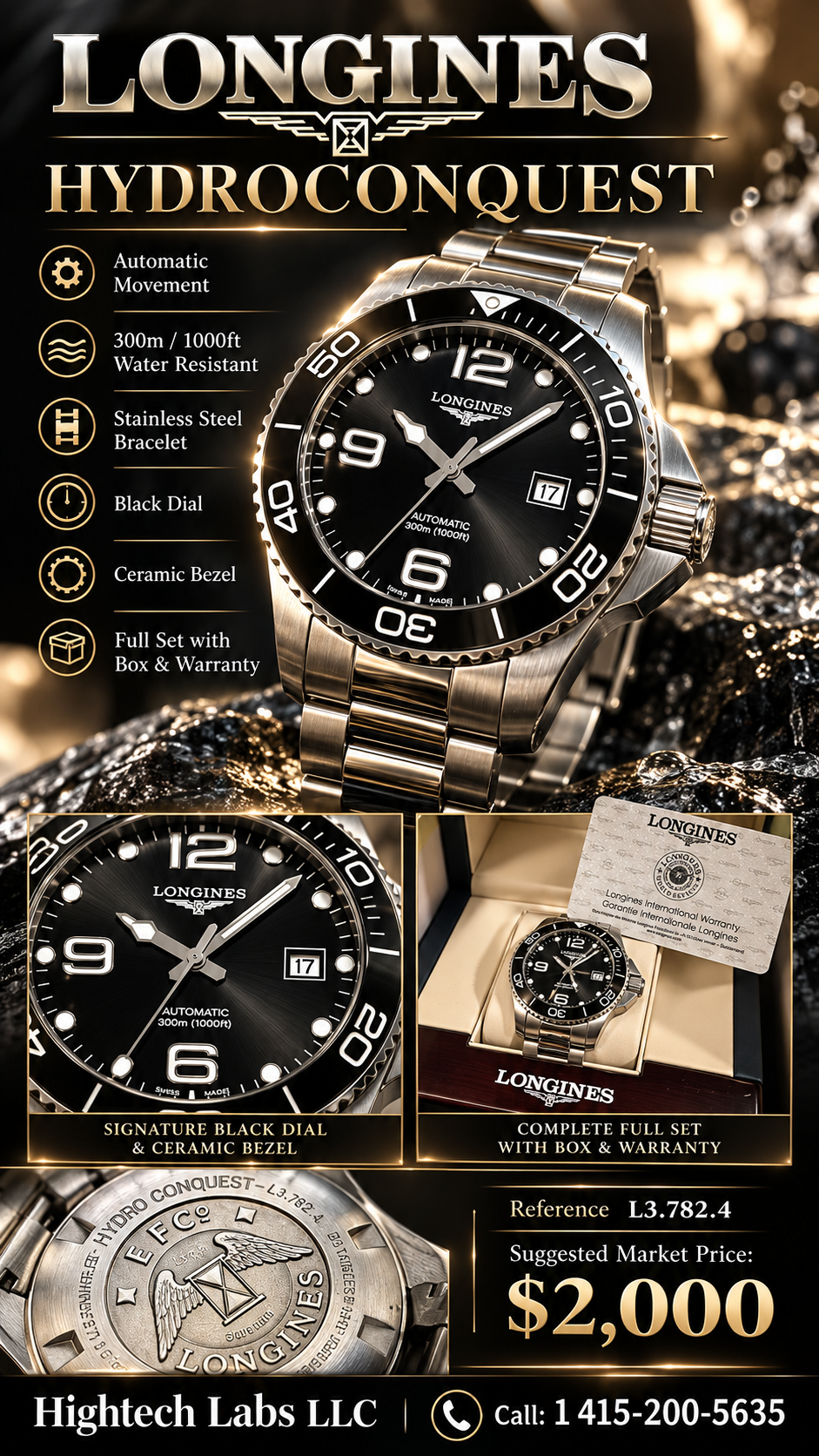 Longines HydroConquest 43mm Automatic — Black Dial, Ceramic Bezel & Stainless Steel Bracelet — Brand New Inventory # 731