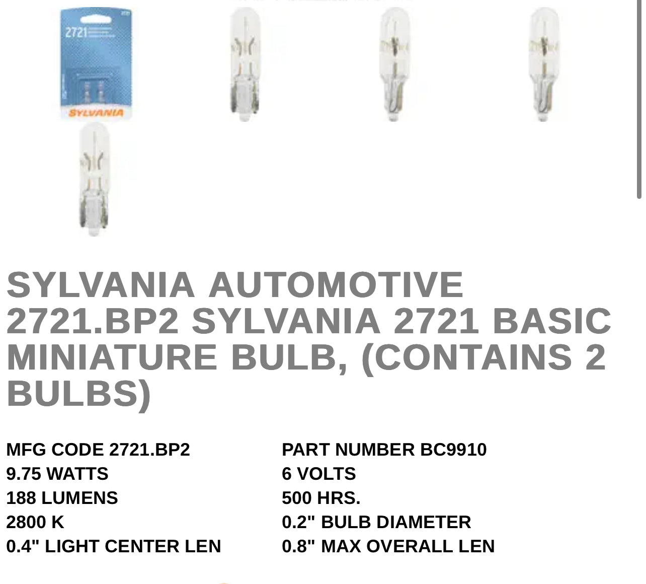 Sylvania 2721  2.41 W Two Bulbs Dashboard Gauge Cluster Light Replacement German