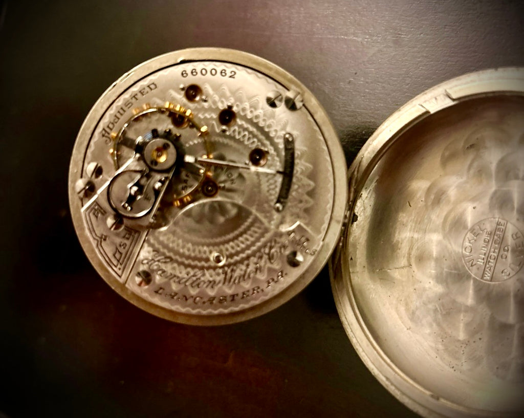 R#1417 Antique 1908 Hamilton pocket watch, adjusted movement rail road accuracy grade 974 serial number 660062 Nickel Silver Lancaster Pensilvania case no 0338048