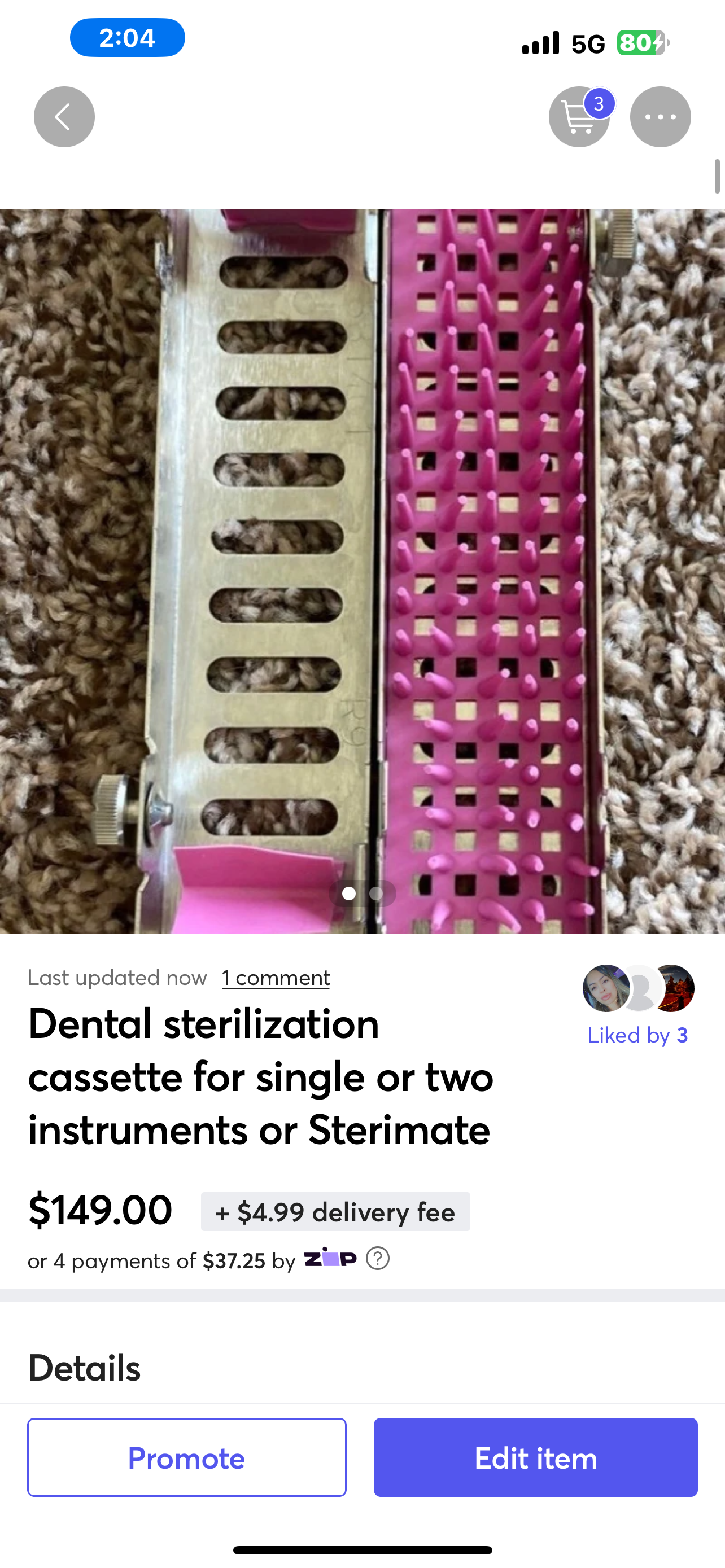 Dental sterilization cassette for single or two instruments or Sterimat