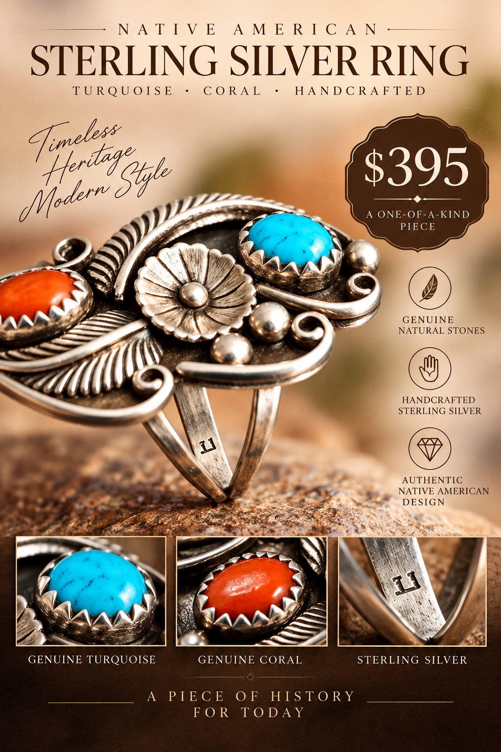 Rare Vintage Sterling Silver Turquoise & Coral Ring – Marked “E” – Size 6.5 – Inv. S#1435