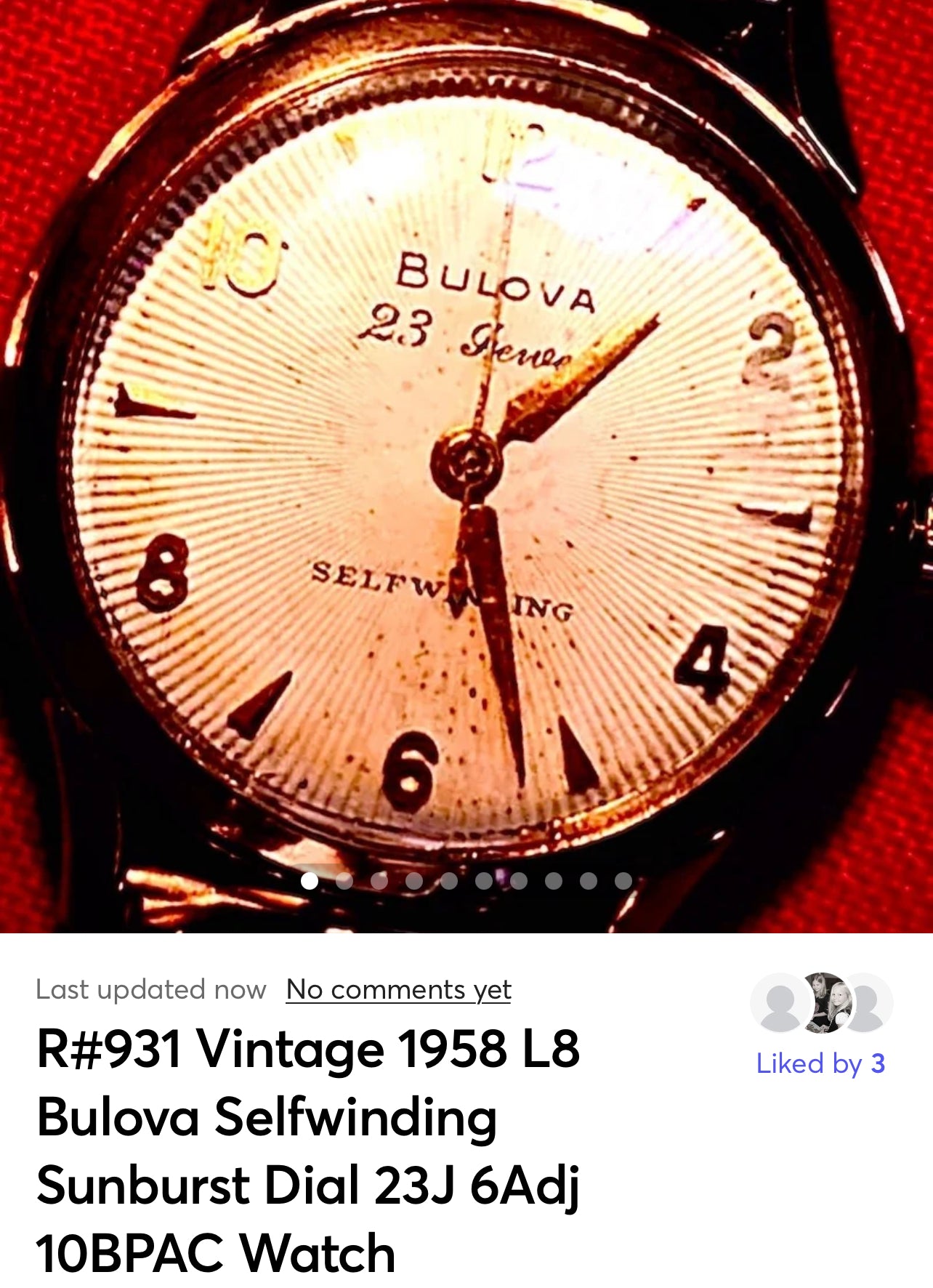 R#931 Vintage 1958 L8 Bulova Selfwinding Sunburst Dial 23J 6Adj 10BPAC Watch