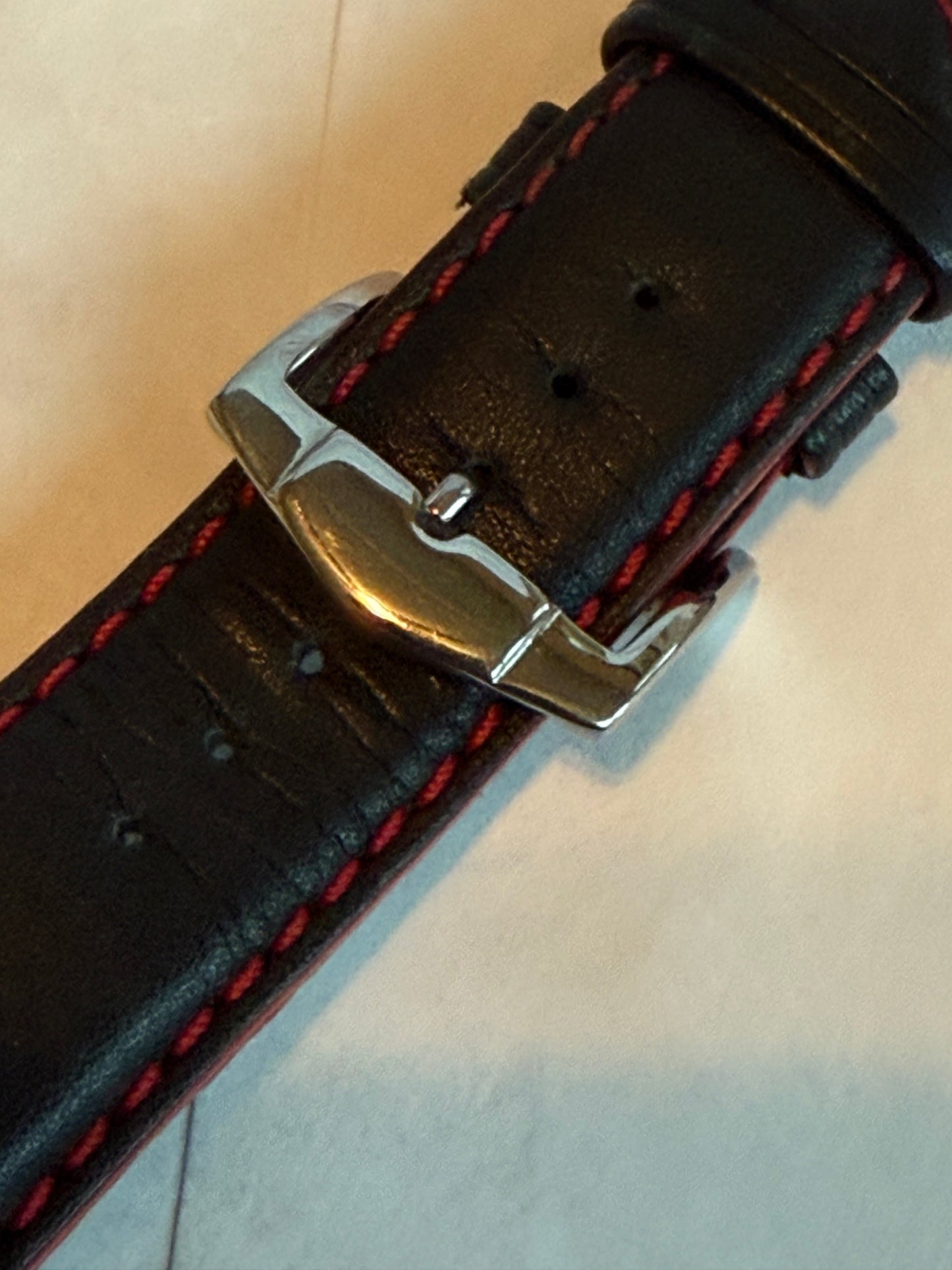 #1294A Black Leather band with red stitching Interchangeable Watch Band Strap ONLY (watch NOT included)