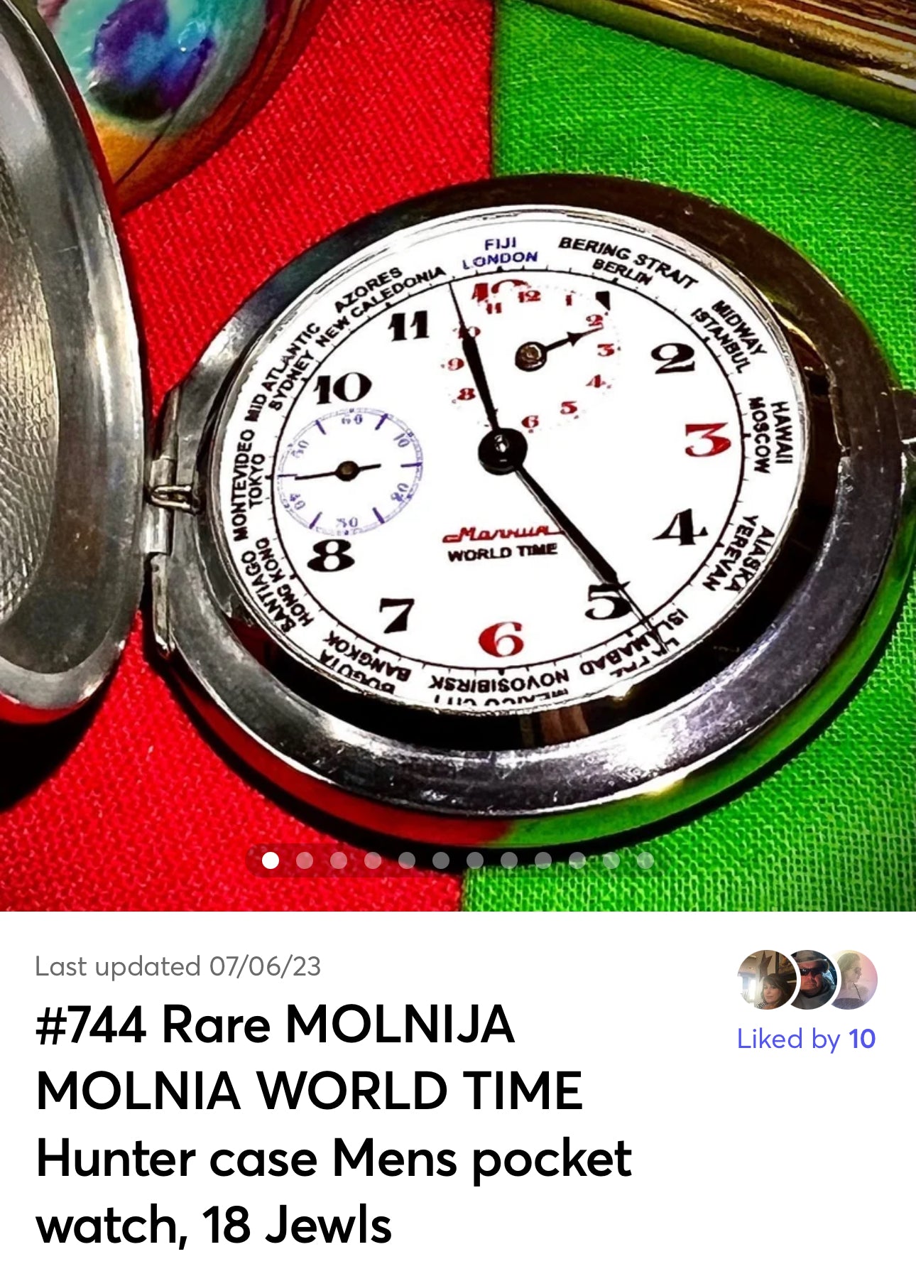 #744 Rare MOLNIJA MOLNIA WORLD TIME Hunter case Mens pocket watch, 18 Jew. *SERVICED