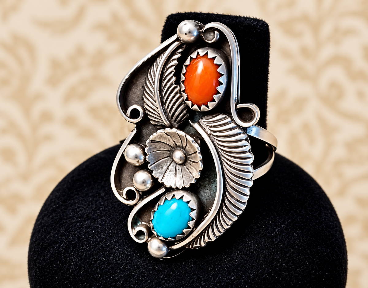 Rare Vintage Sterling Silver Turquoise & Coral Ring – Marked “E” – Size 6.5 – Inv. S#1435