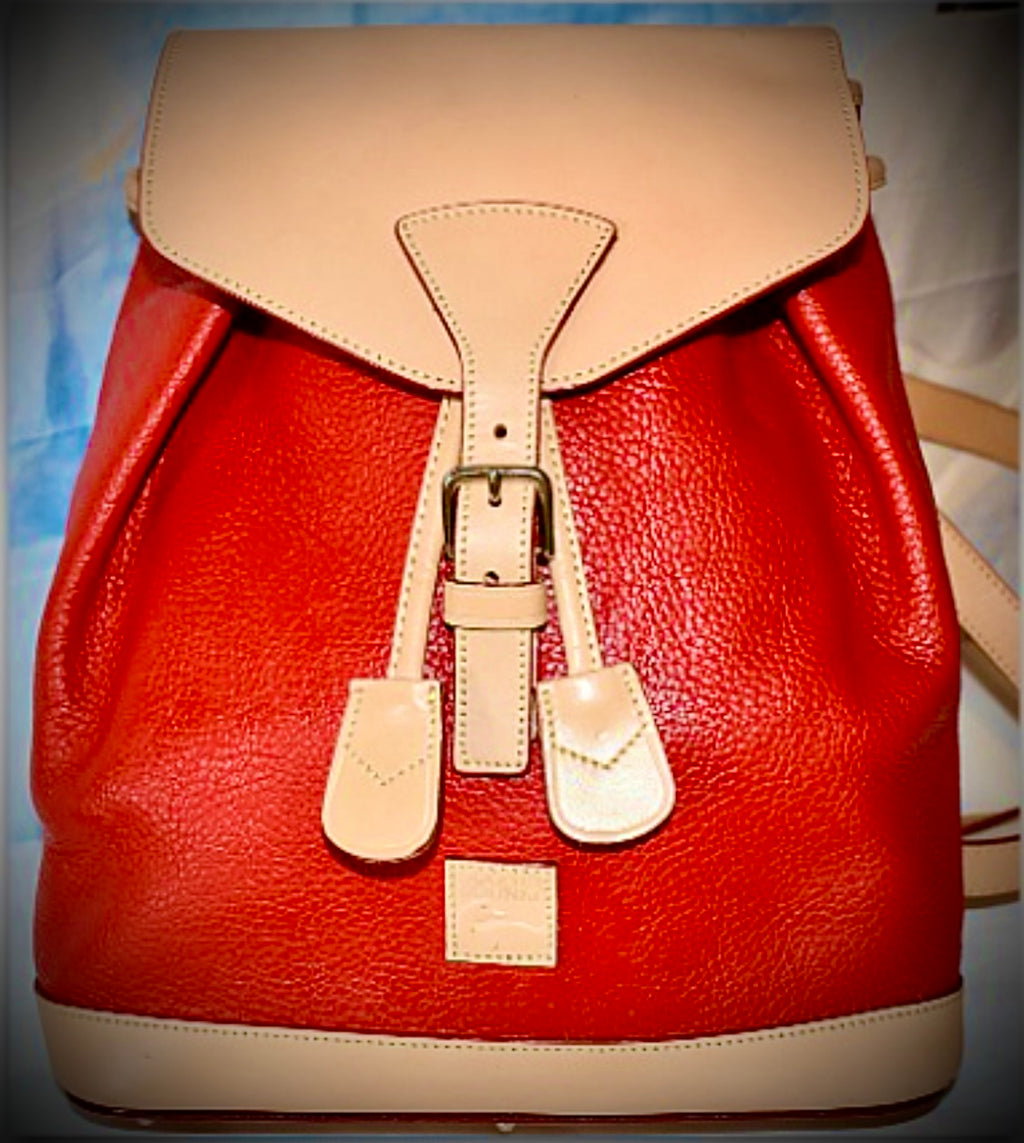 Candy Apple Red All Weather Leather Dooney Backpack Red and Beige beautiful Two tone Made in USA