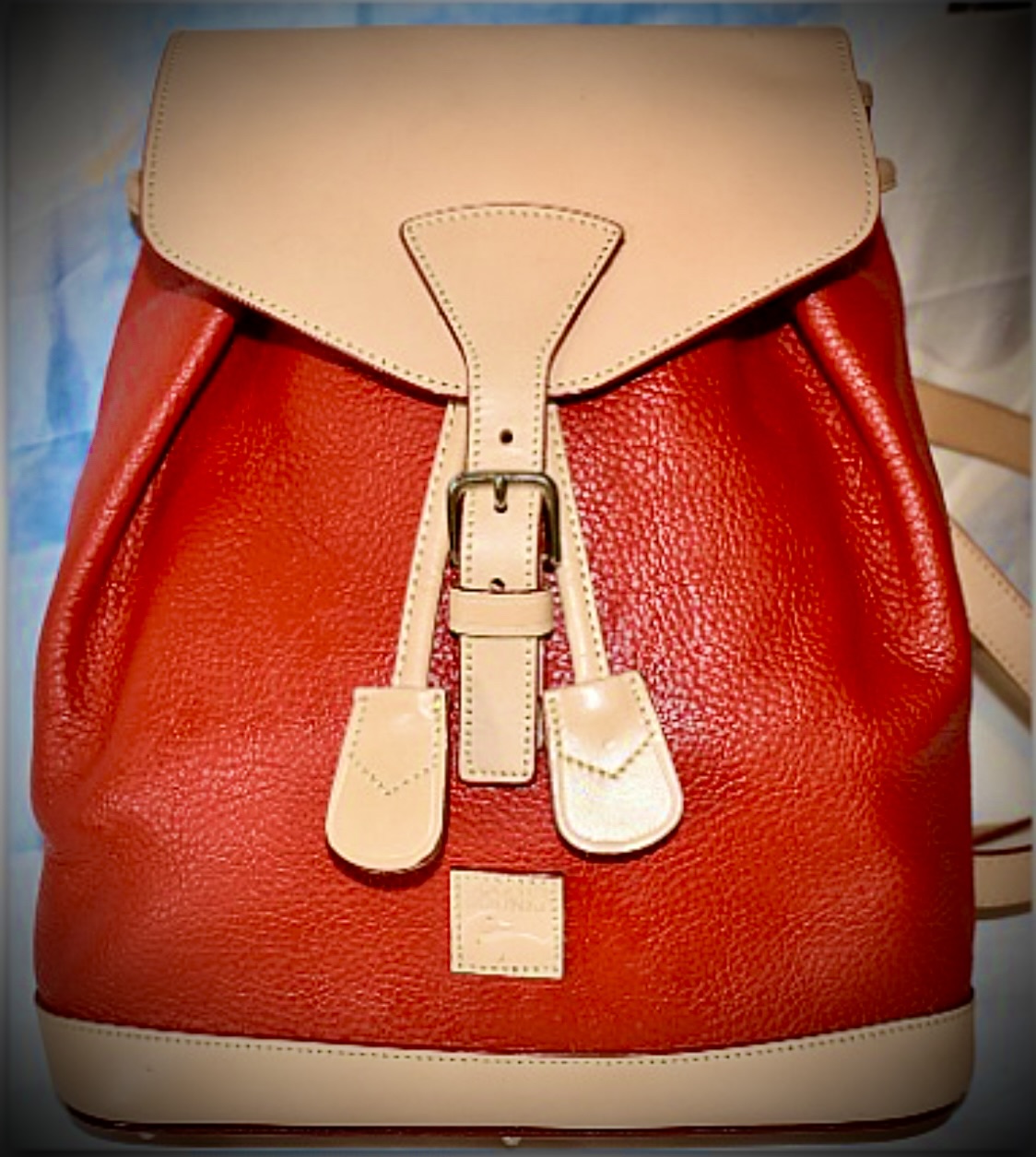 Candy Apple Red All Weather Leather Dooney Backpack Red and Beige beautiful Two tone Made in USA