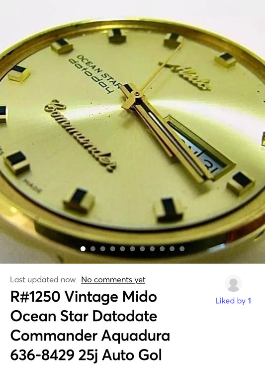 R#1250 Vintage Mido Ocean Star Datodate Commander Aquadura 636-8429 25j Auto Gold Filled