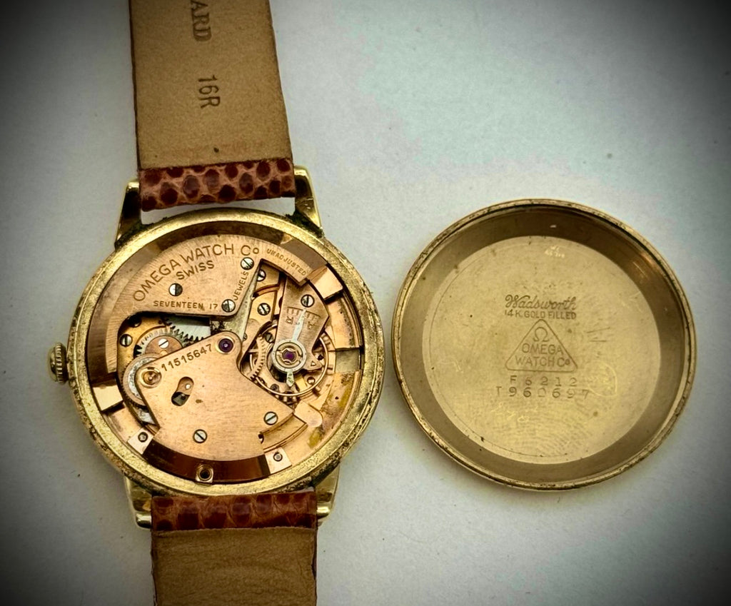 #881A VINTAGE MENS 17J 1950 OMEGA BUMPER AUTOMATIC CAL. 342 SERVICED  14K GF