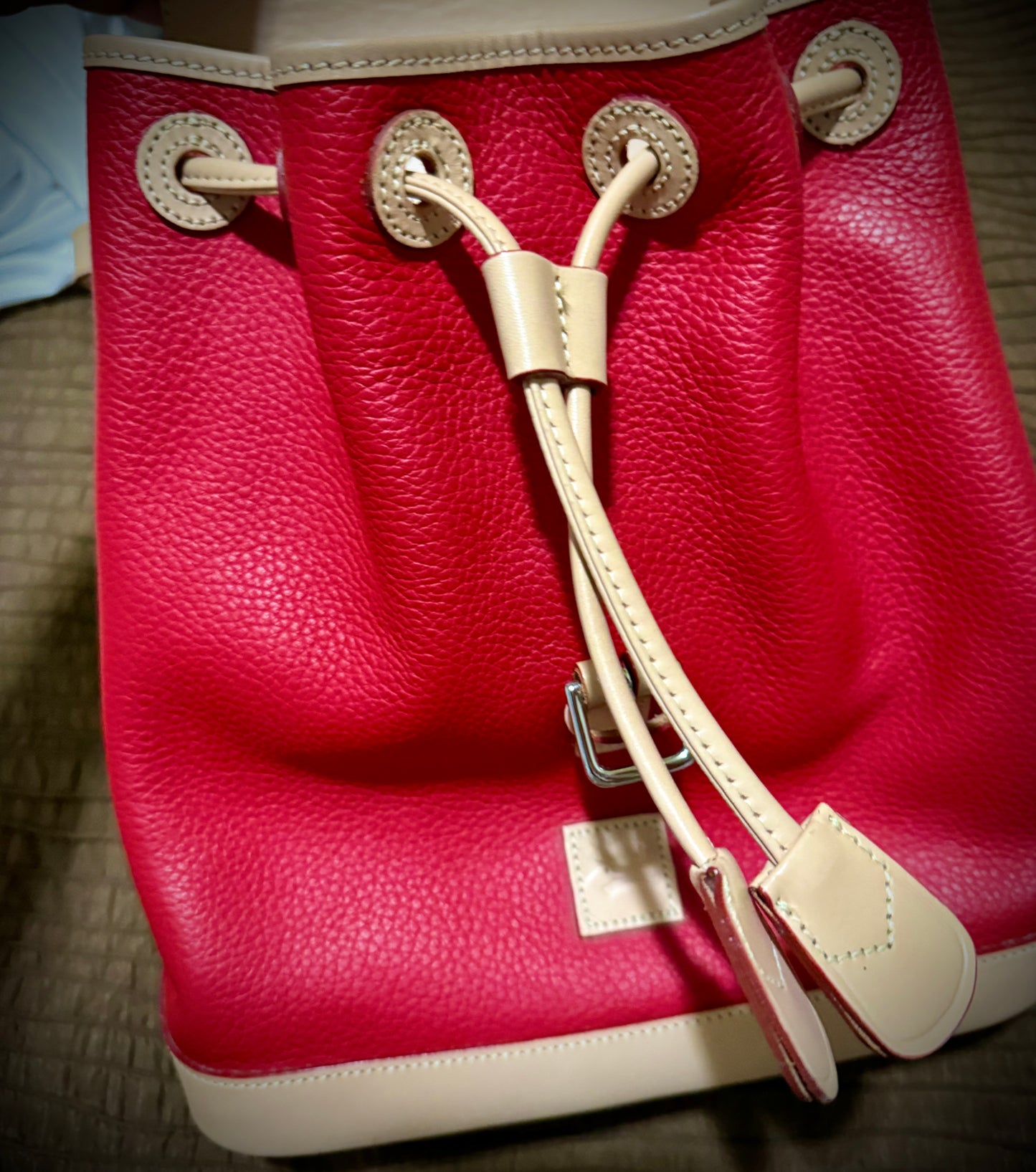 Candy Apple Red All Weather Leather Dooney Backpack Red and Beige beautiful Two tone Made in USA