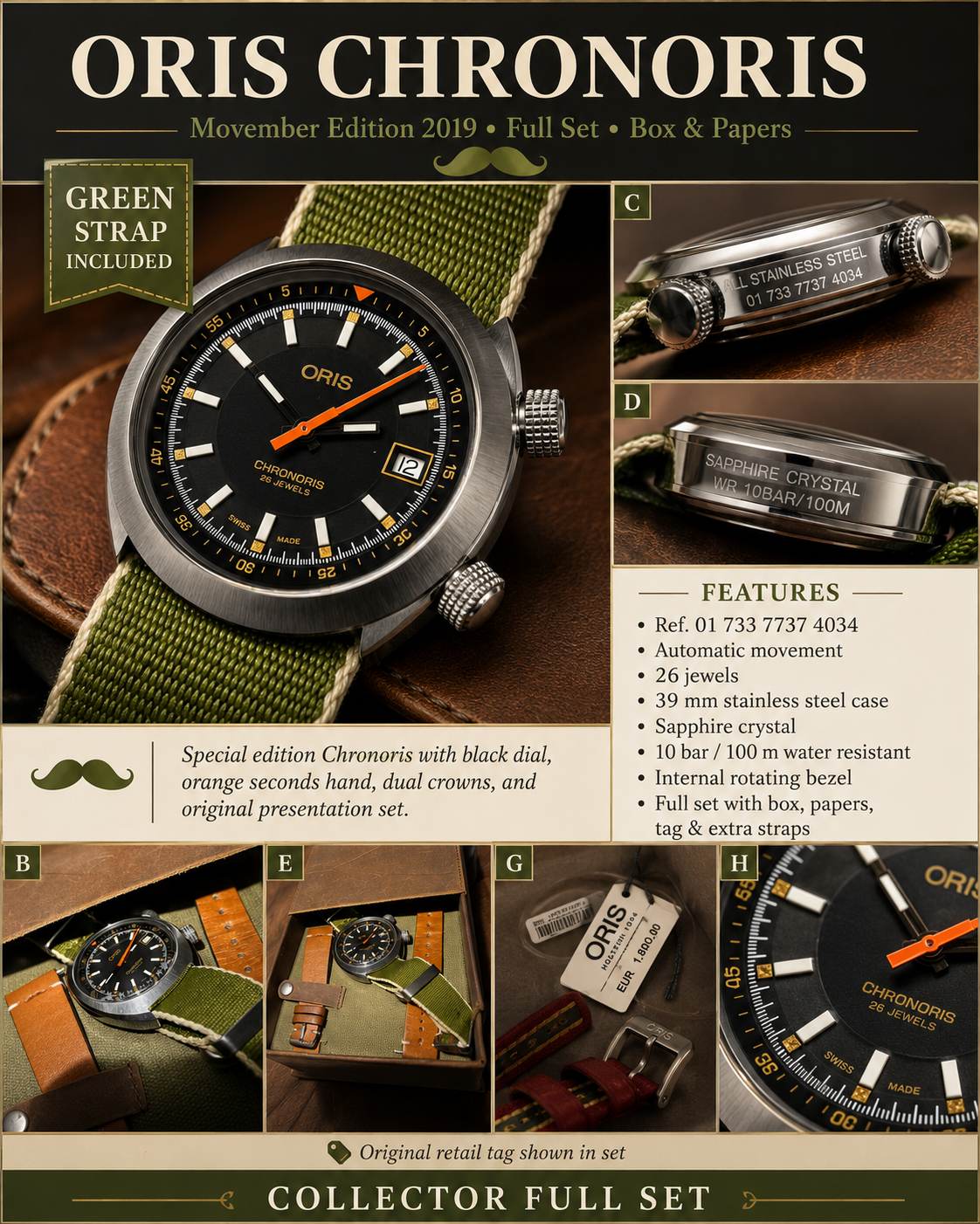 ORIS Chronoris Movember Edition 2019 – Calibre 733 – Full Set – Brand New – Ref. 01 733 7737 4034 inventory # 618