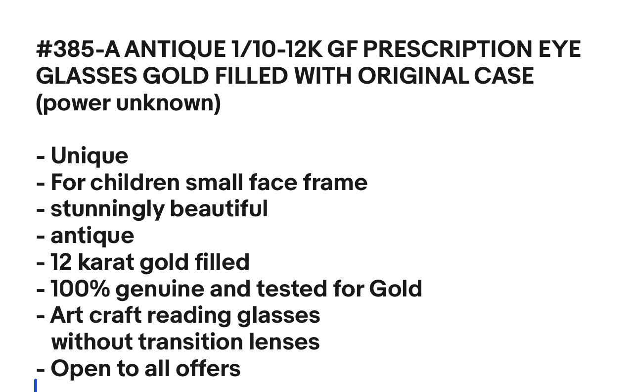 #385-A ANTIQUE 1/10-12K GF PRESCRIPTION EYE GLASSES GOLD FILLED WITH ORIGINAL CASE young adult unisex