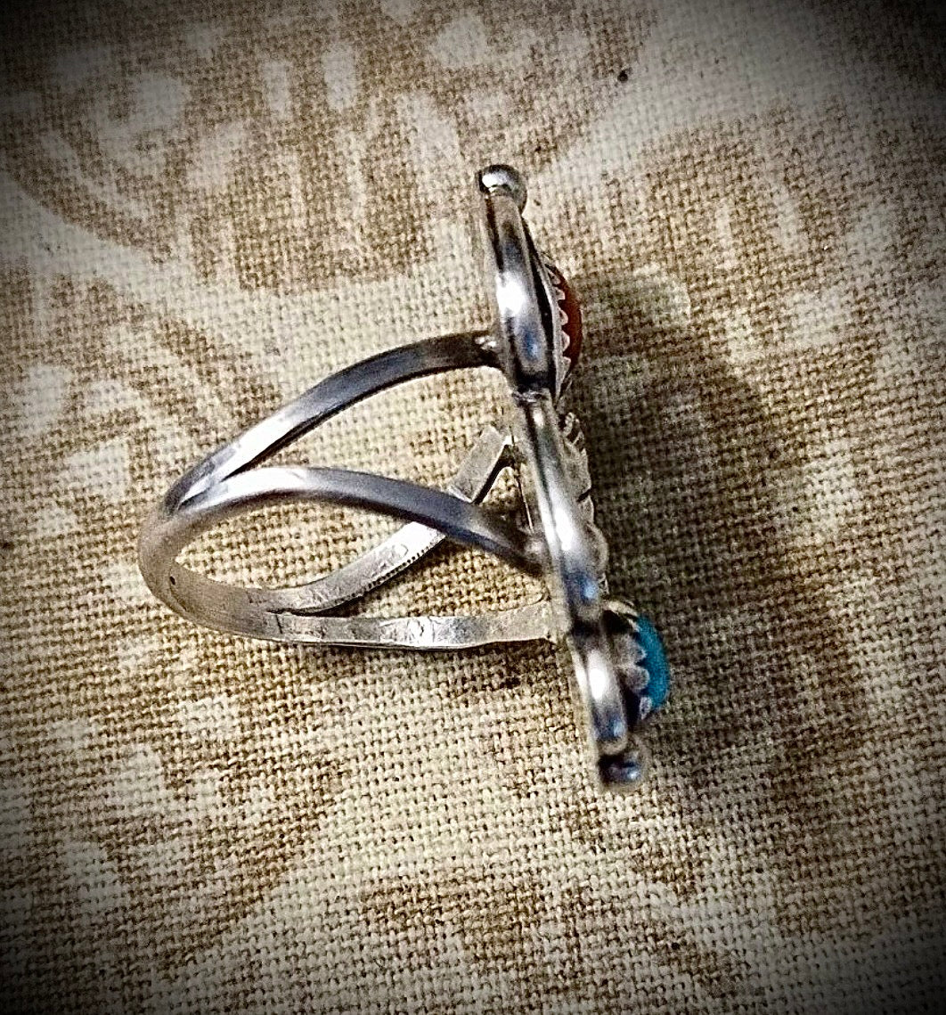 Vintage Sterling Silver Native American Ring Marked “E” Turquoise & Coral Size 6.5