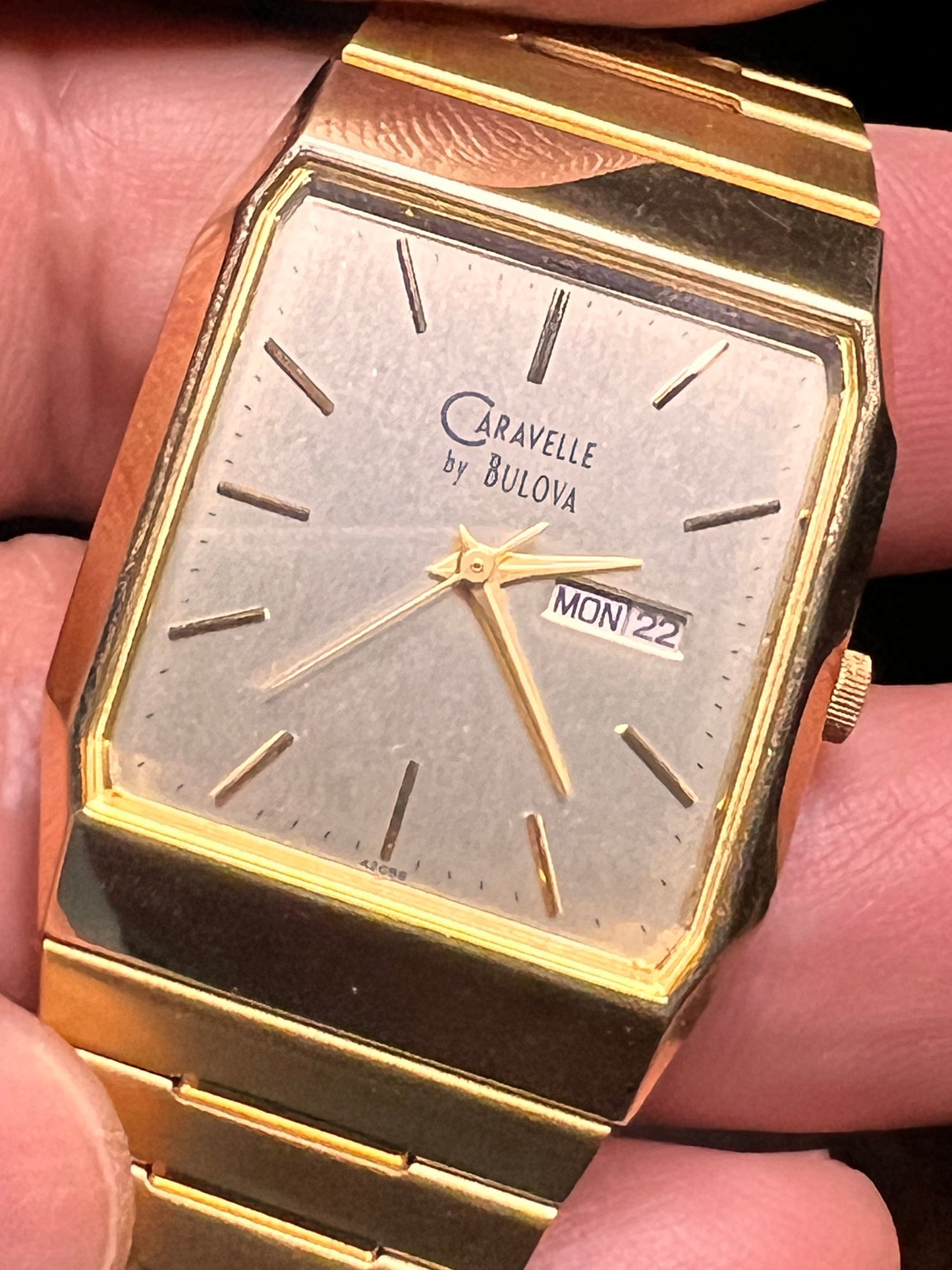 #1031 Vintage Caravelle by Bulova Watch. Water resistant. Stainless steel back works great day date quartz keeping accurate time