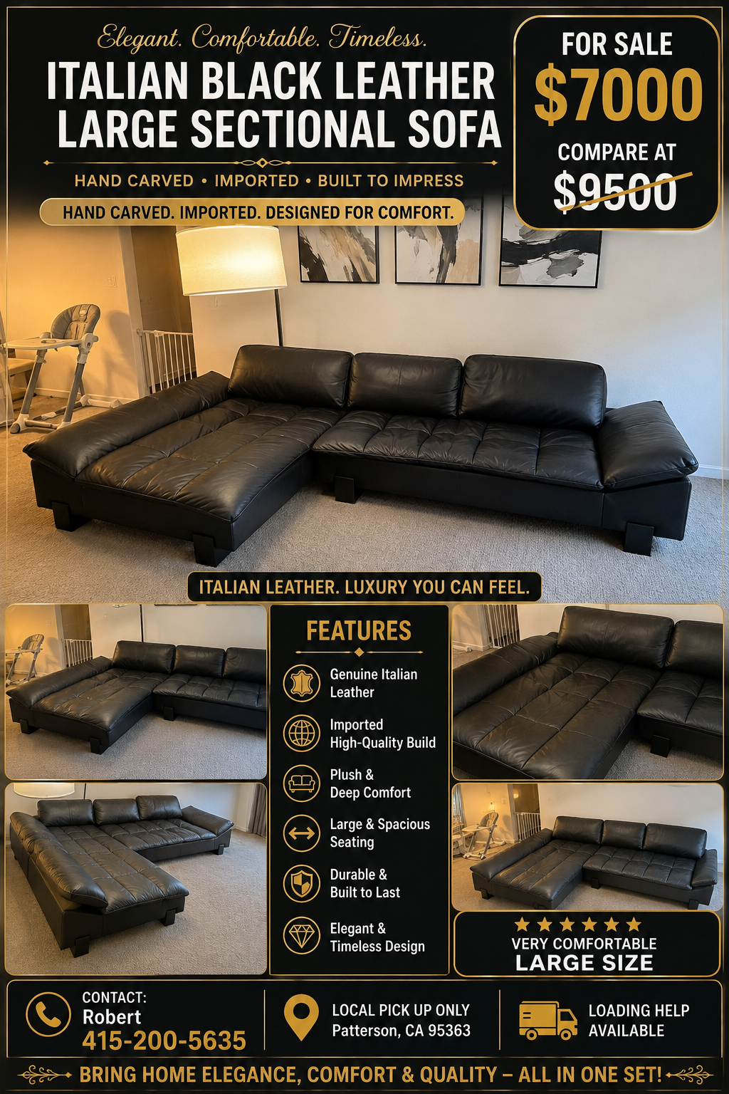 Italian Black Leather Large Sectional Sofa – Premium Modern Designer Sofa