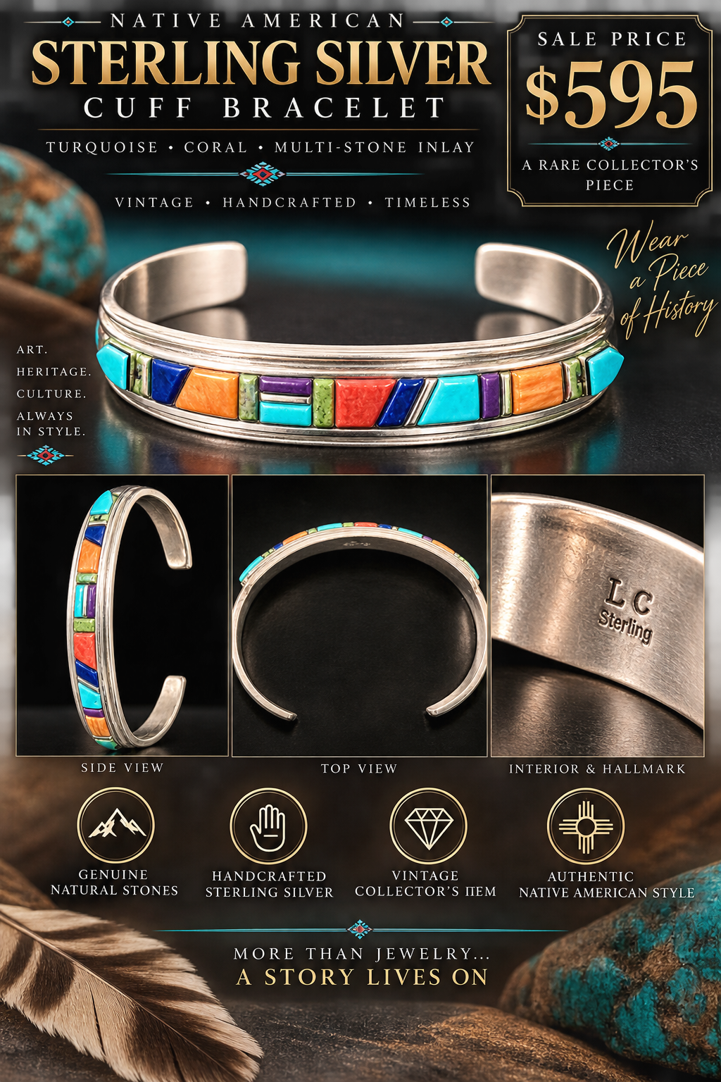 JS#1204 ANTIQUE Hand Made Southwestern Sterling Silver Multi-Stone Inlay Cuff Bracelet – LC Marked