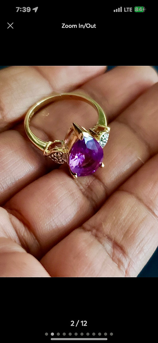 10k solid Genuine Amethyst/ Diamonds ring