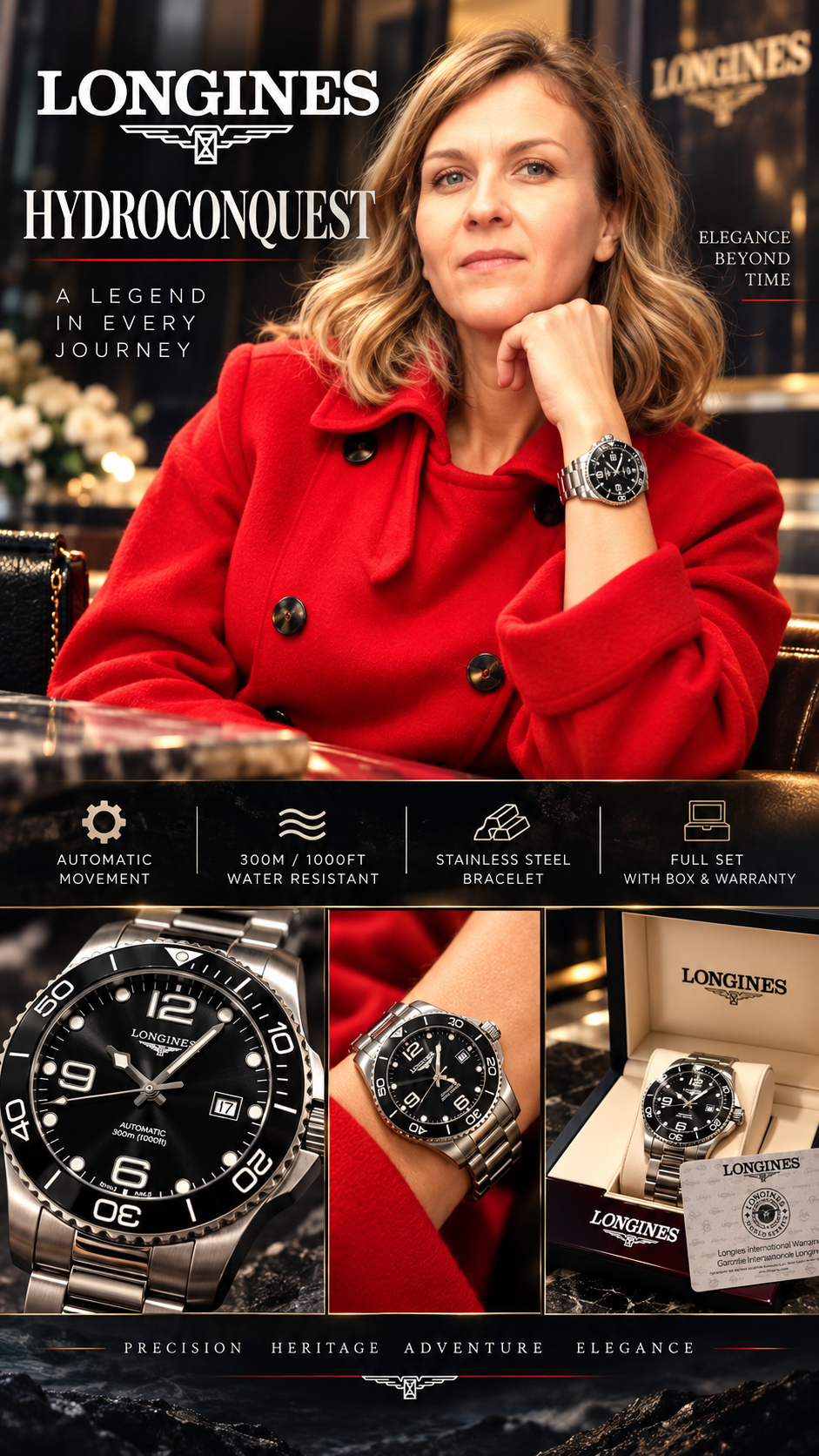Longines HydroConquest 43mm Automatic — Black Dial, Ceramic Bezel & Stainless Steel Bracelet — Brand New Inventory # 731