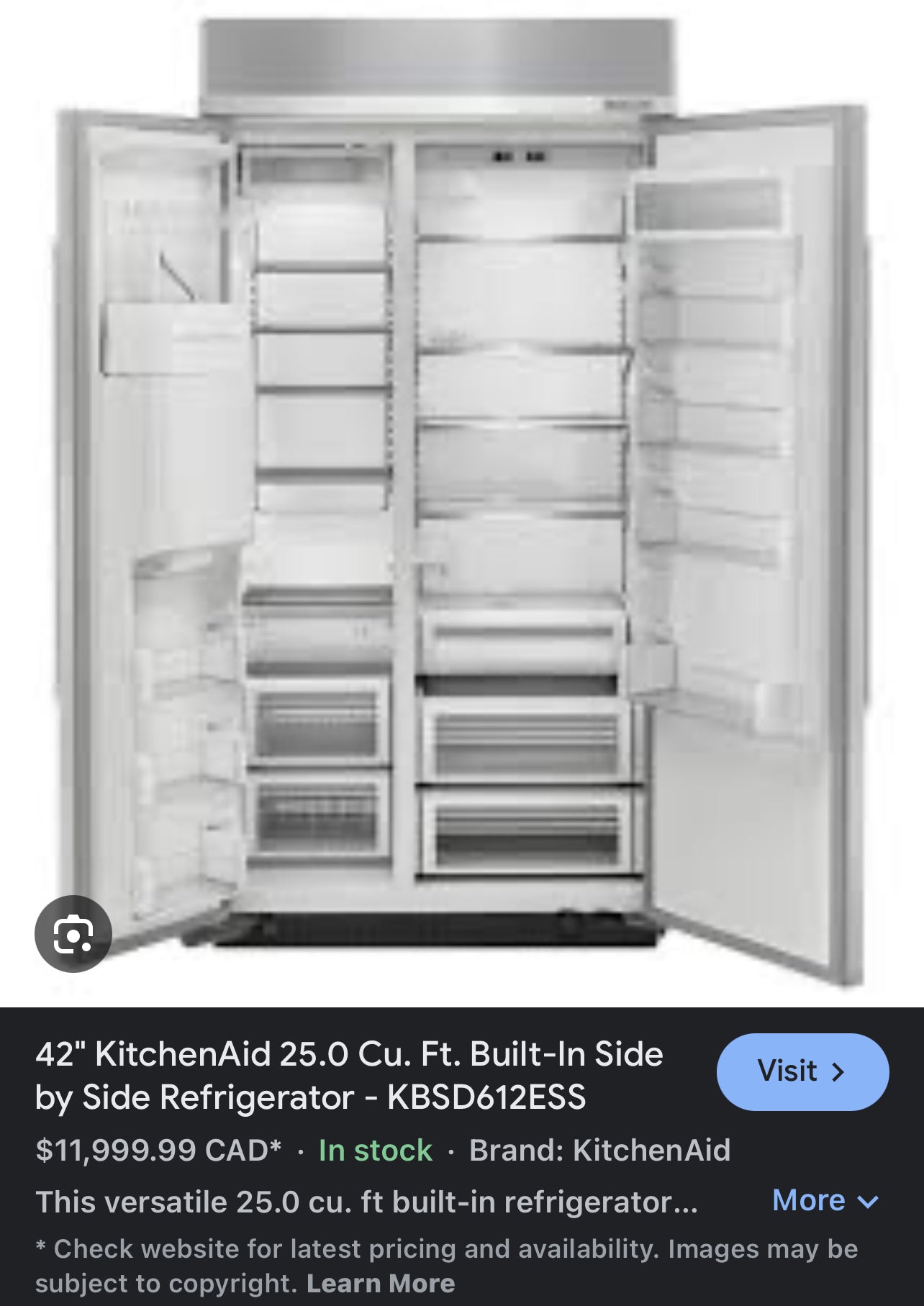 Kitchen Aid 25.1 Cu. Ft. 42" Built-In Side-By-Side Refrigerator With Ice And Water Dispenser